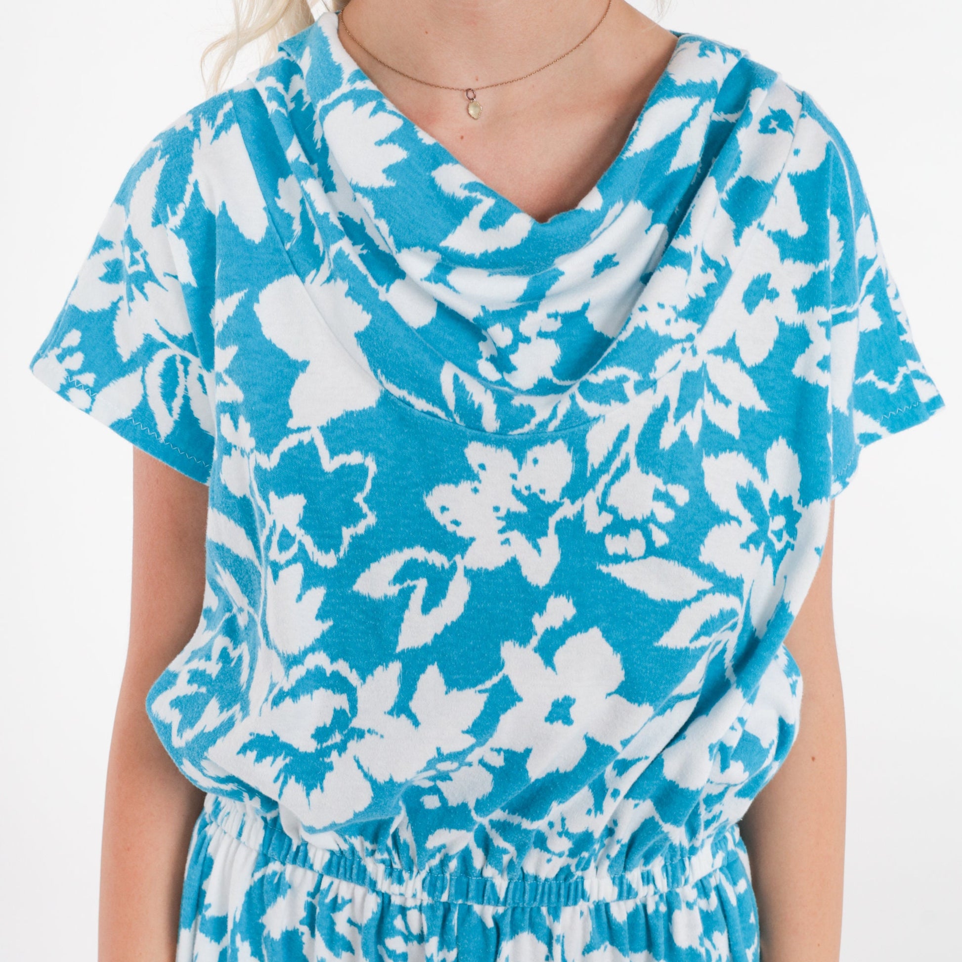 80s Blue Floral Jumpsuit White Print Cowl Neck Tapered Leg Medium Large