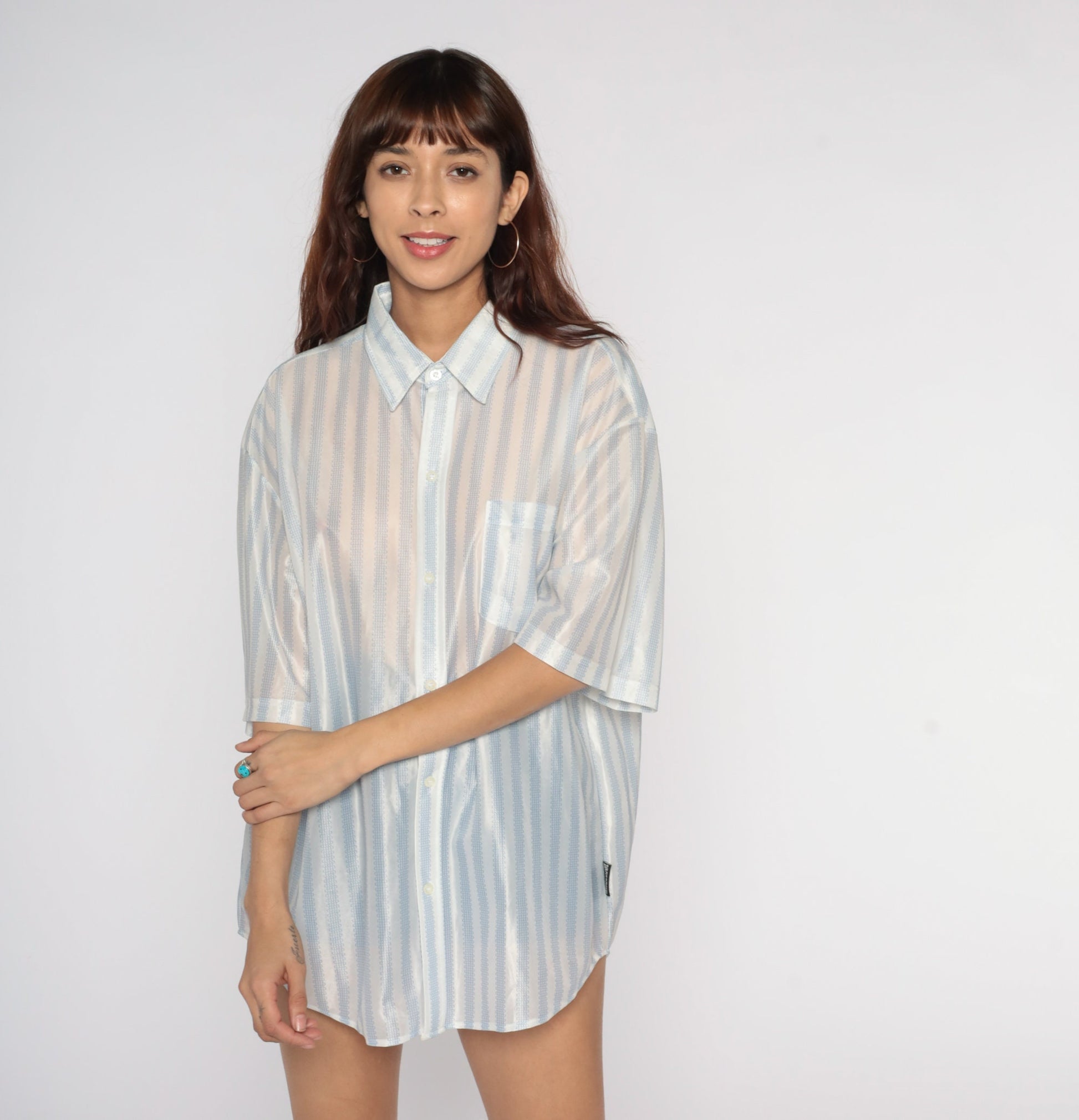 70s Dragonfly Sheer Button Up Shirt White Blue Striped Disco Men's Extra Large