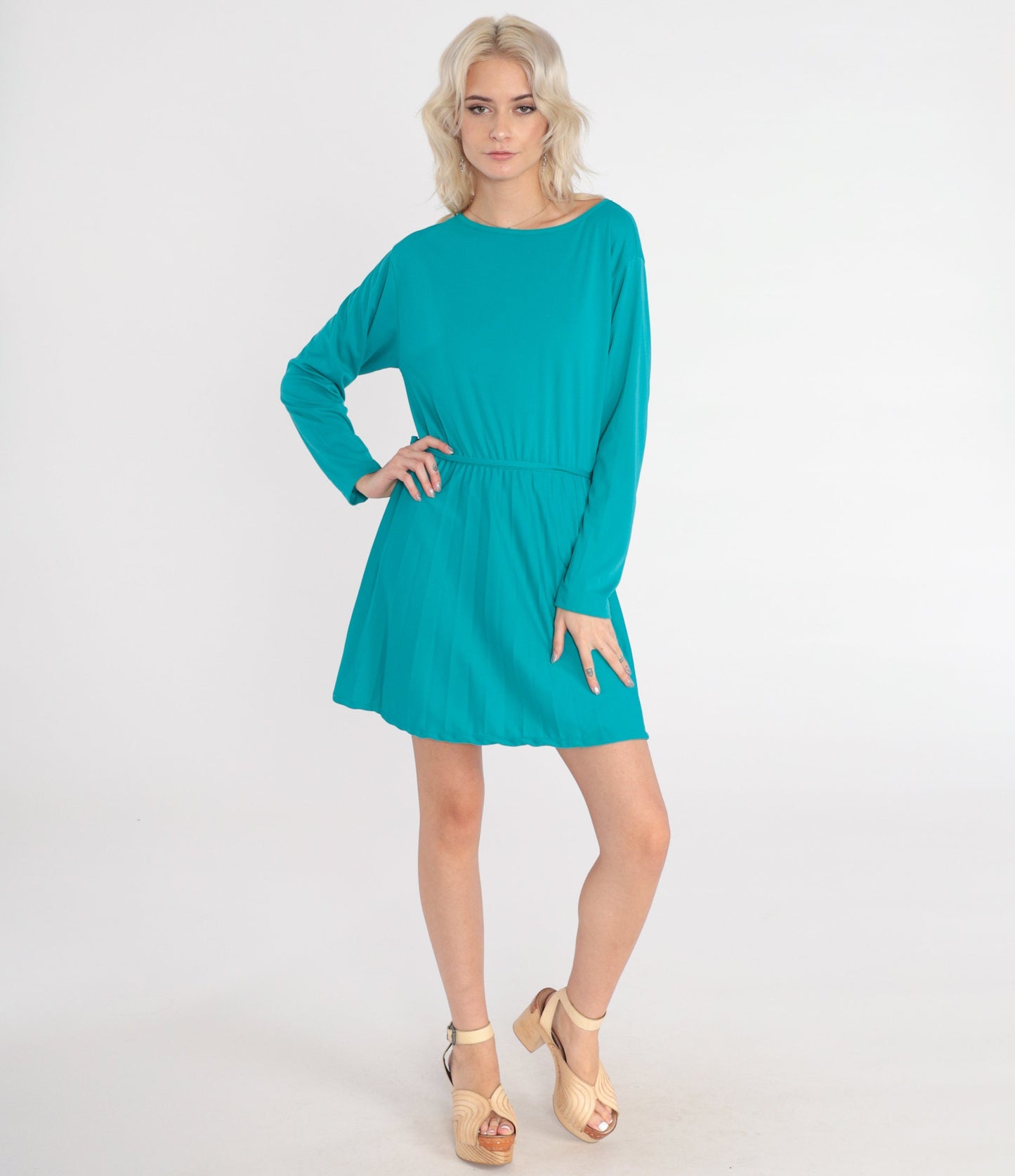 80s Teal Green Mini Dress High Waist Long Sleeve Pleated Medium M