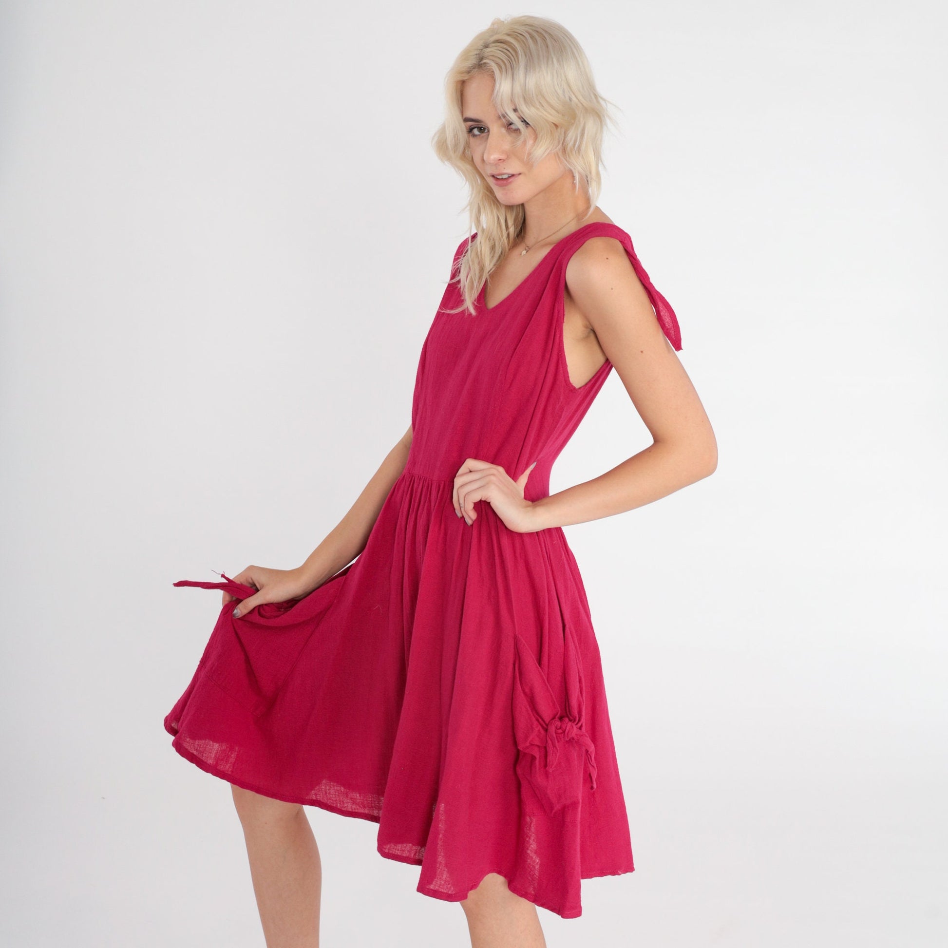 80s Berry Red Mini Sundress Sleeveless High Waist V Neck Pockets Small