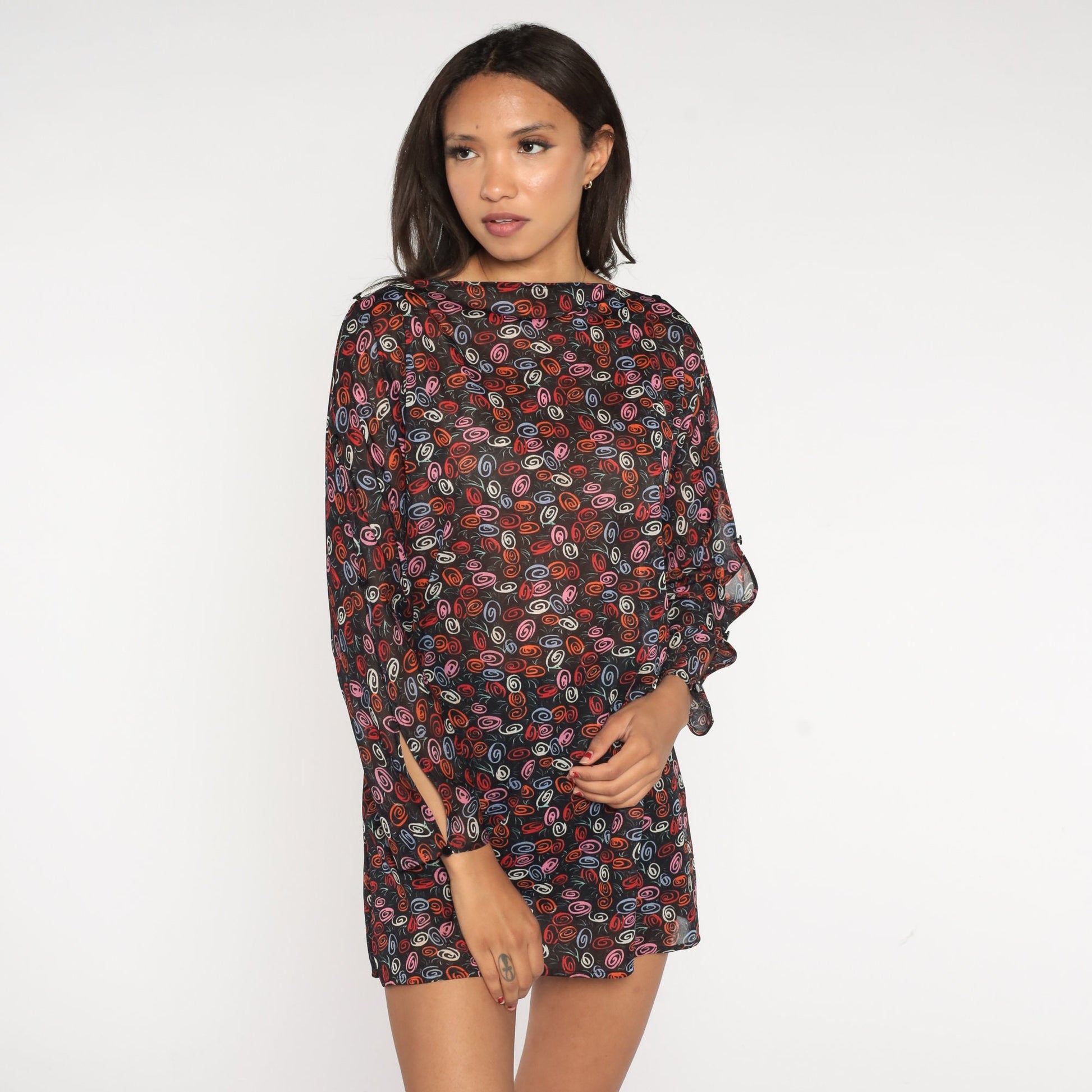 70s Black Swirl Print Blouse Boatneck Long Sleeve Cutout Medium Large