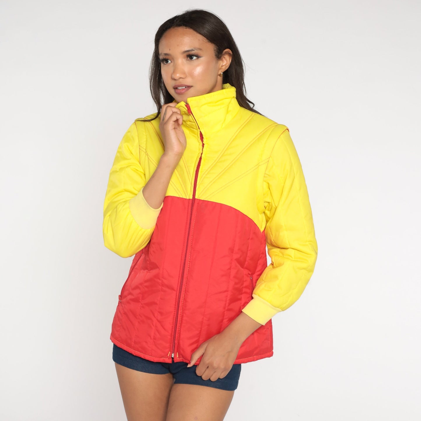70s Yellow Red Colour Block Puffer Ski Jacket Convertible Zip Sleeves Extra Small