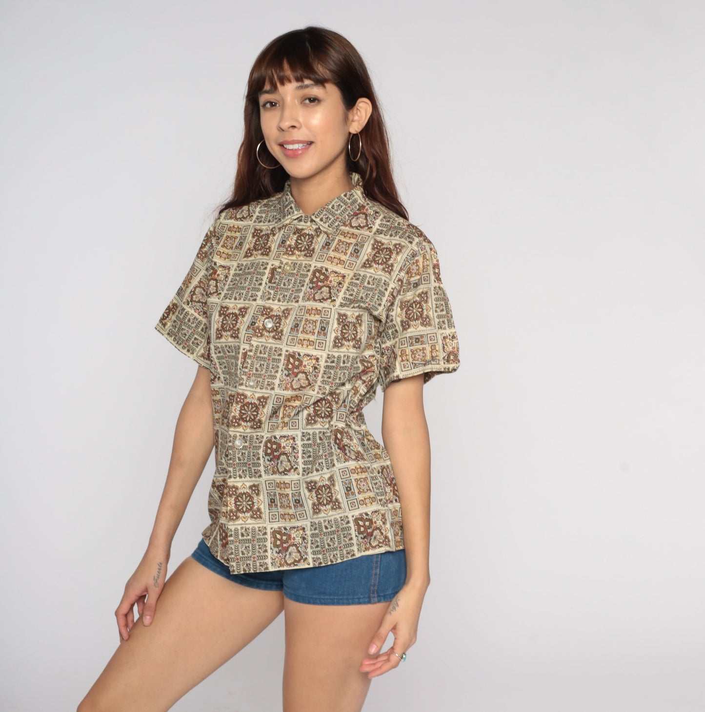 60s Geometric Print Button-Up Shirt Brown Cream Leaf Short Sleeve Medium