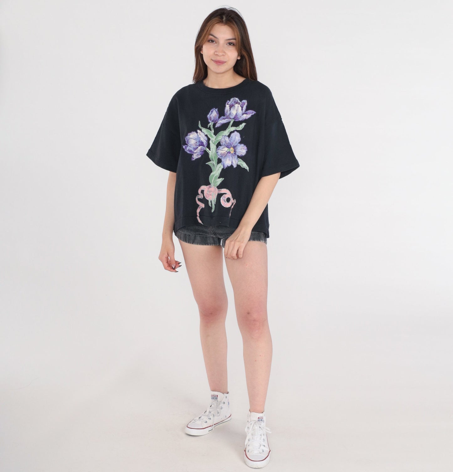 90s Black Floral Glitter T-Shirt Graphic Tee Bouquet Print Extra Large XL