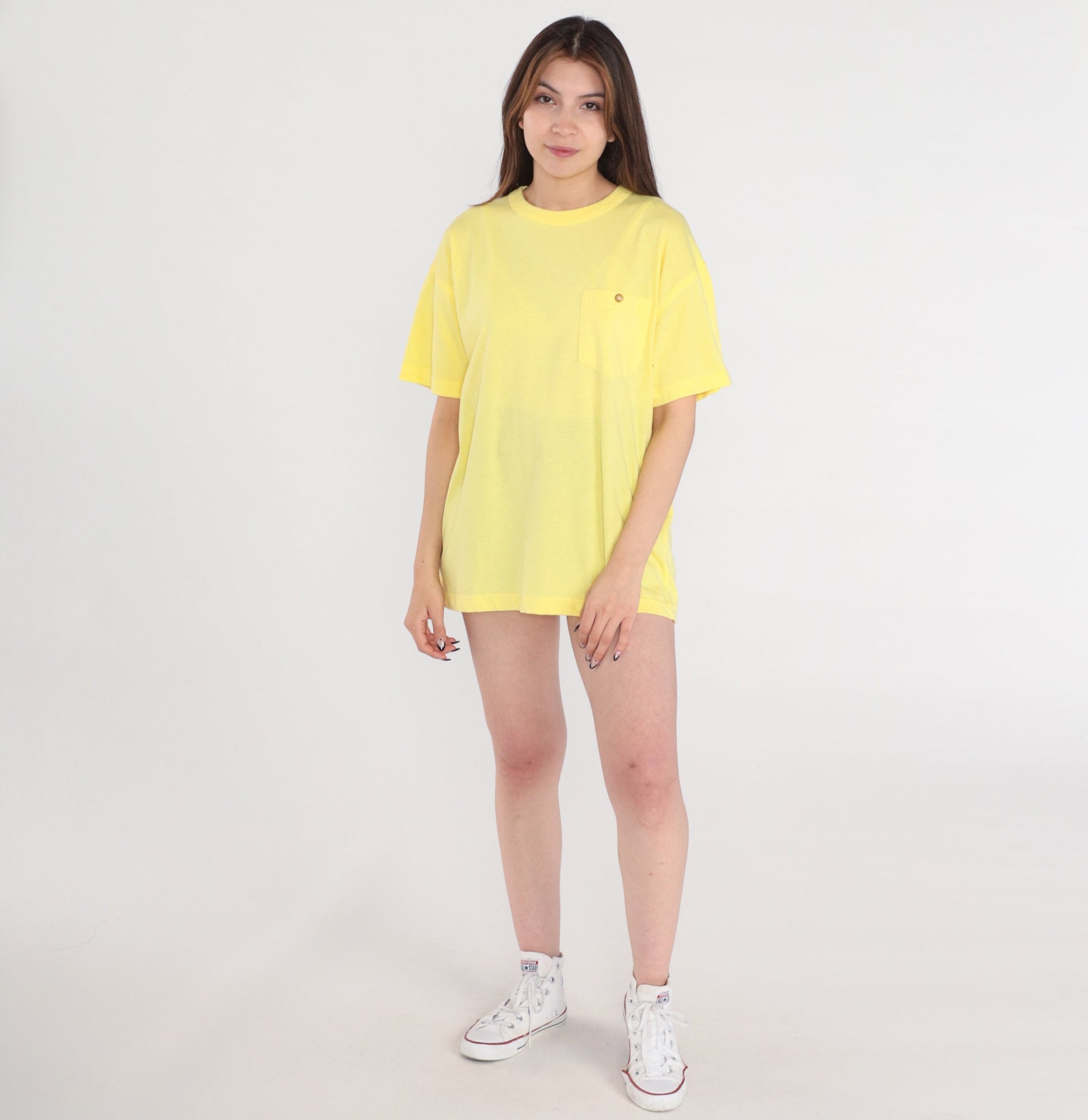 80s Yellow Pocket T-Shirt Cotton Blend Crewneck Medium M