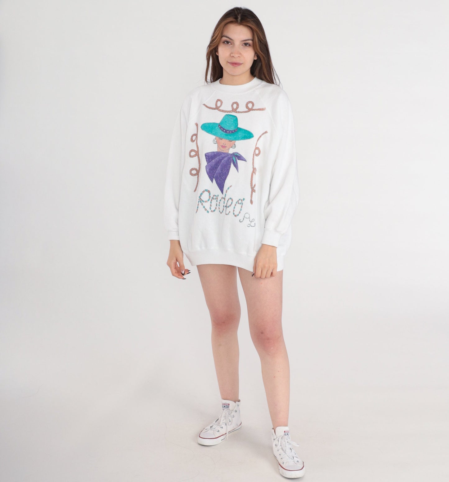 90s Rodeo Cowgirl Glitter Sweatshirt White Raglan Crewneck Pullover Extra Extra Large XXL