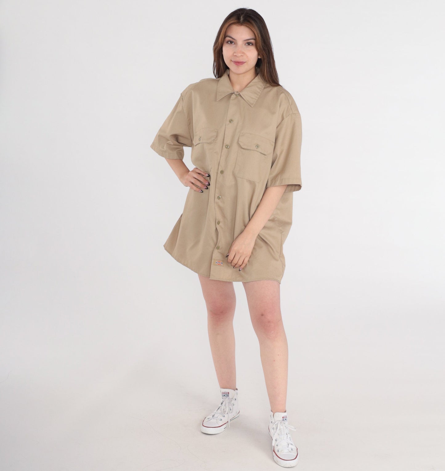 Dickies Y2K Khaki Button-Up Utility Shirt Short Sleeve Cotton Mens Large L