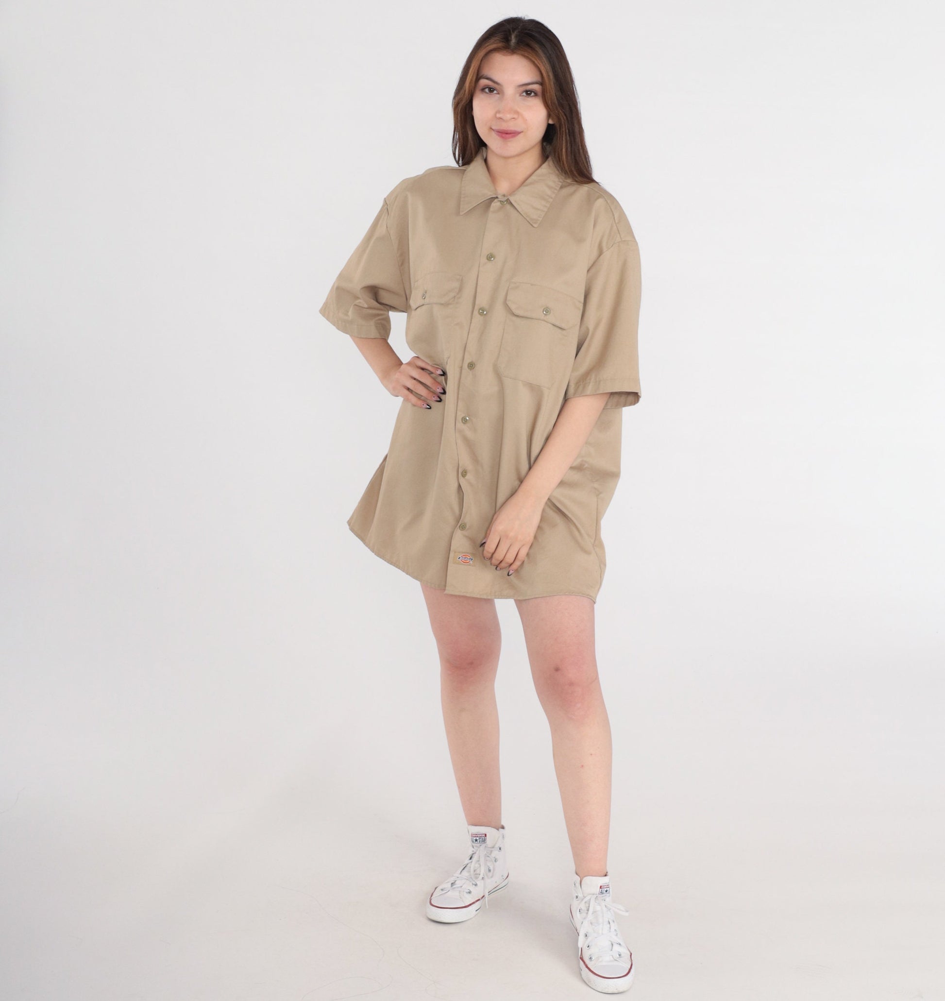 Dickies Y2K Khaki Button-Up Utility Shirt Short Sleeve Cotton Mens Large L