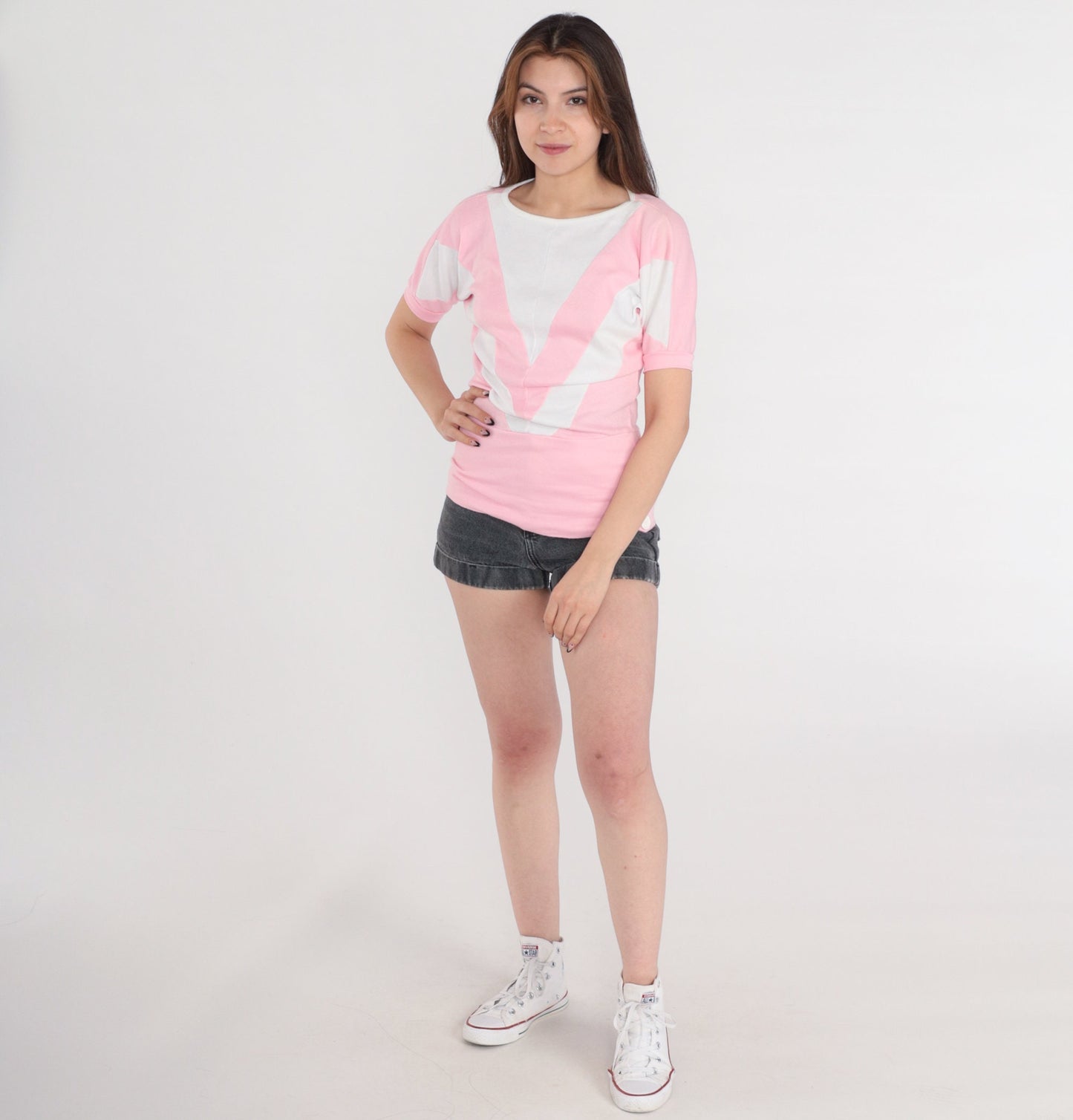 80s Fame Pink White Chevron Striped T-Shirt Banded Hem Extra Small