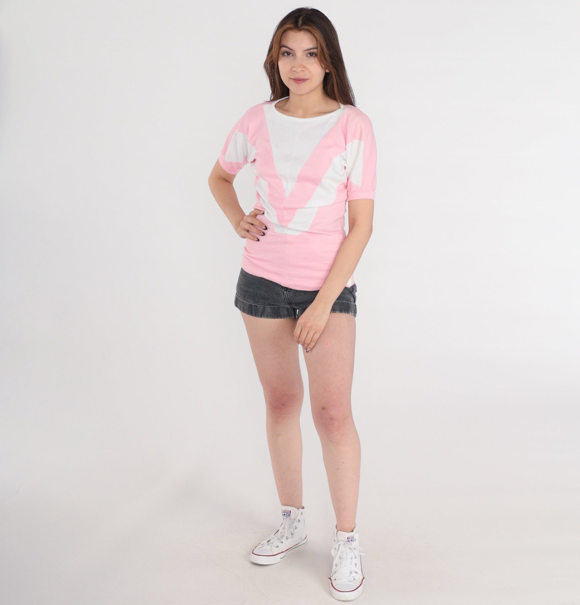 80s Fame Pink White Chevron Striped T-Shirt Banded Hem Extra Small