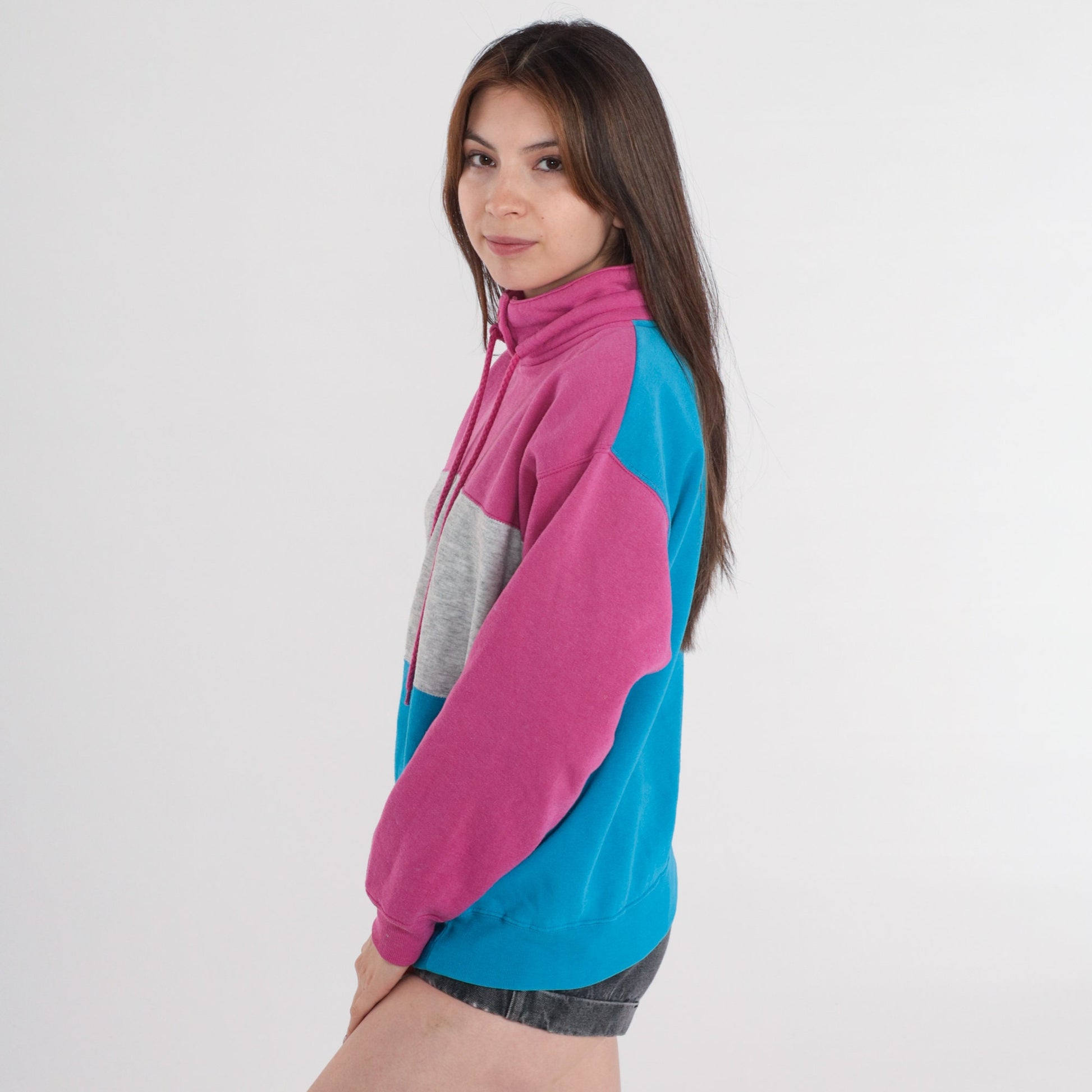 90s Striped Sweatshirt Pink Grey Blue Drawstring High Neck Large L