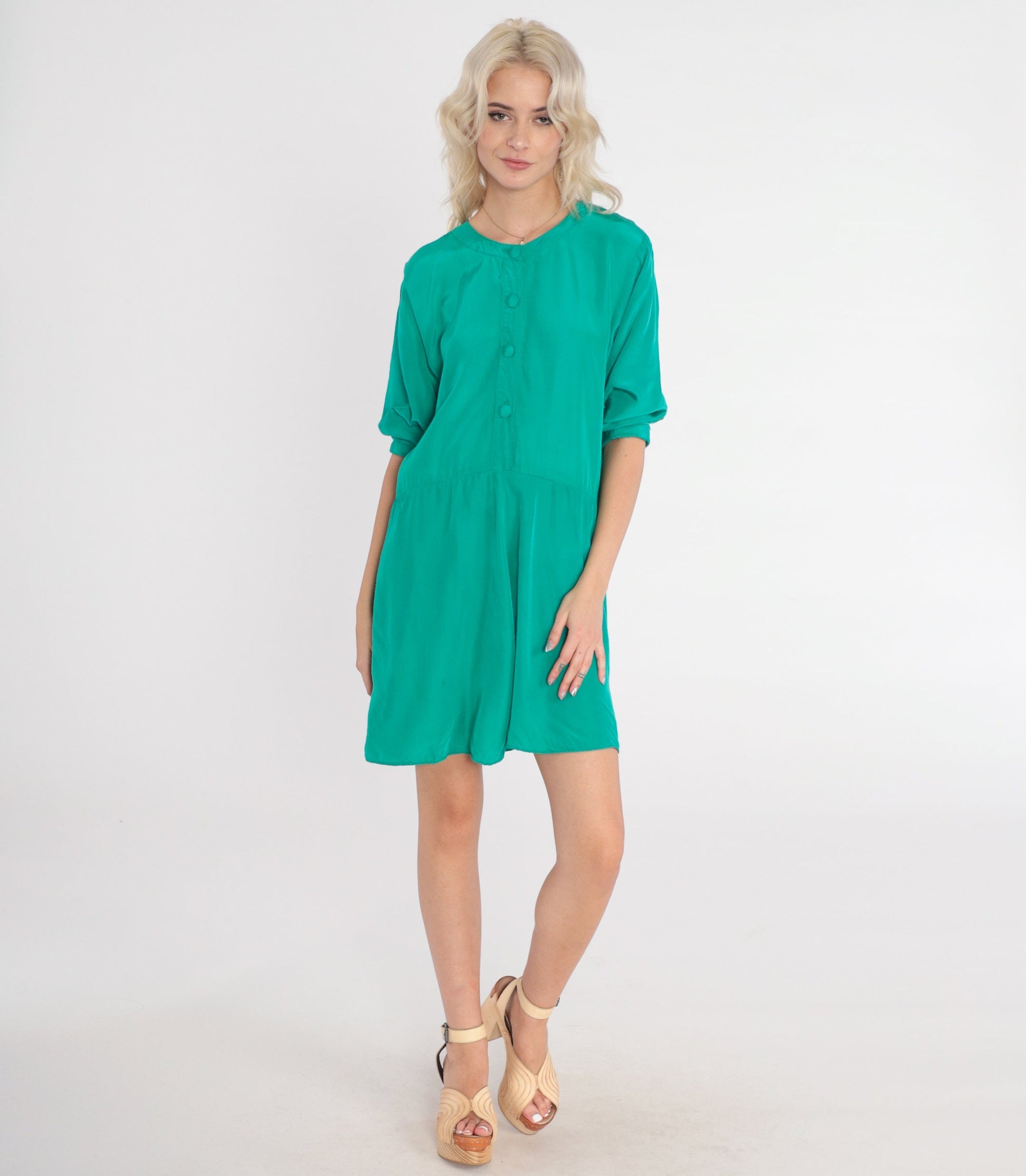 90s Nina Piccalina Green Mini Dress Button-Up Short Sleeve Medium