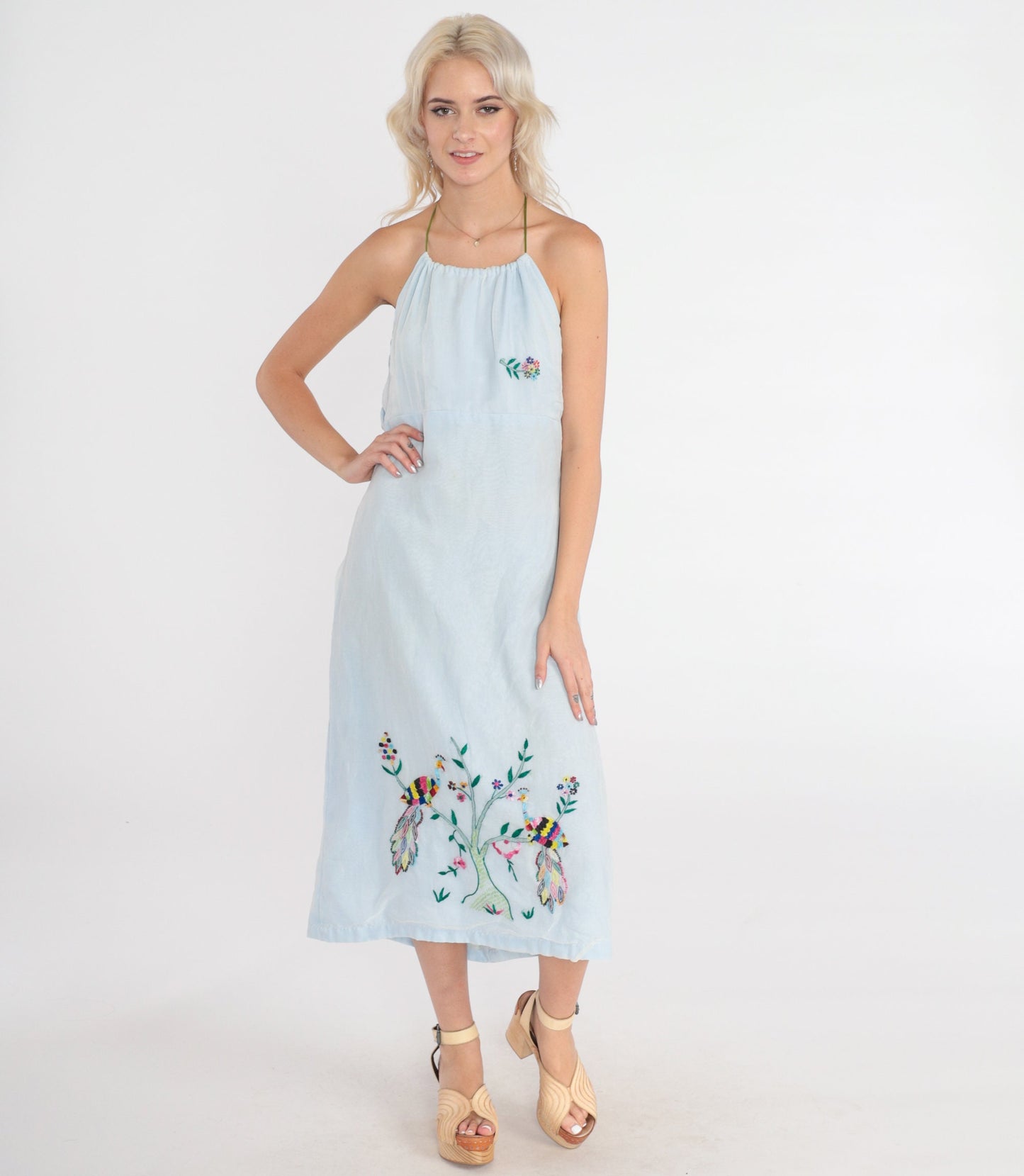 70s Blue Floral Peacock Embroidered Halter Midi Dress Open Back Empire Waist Small