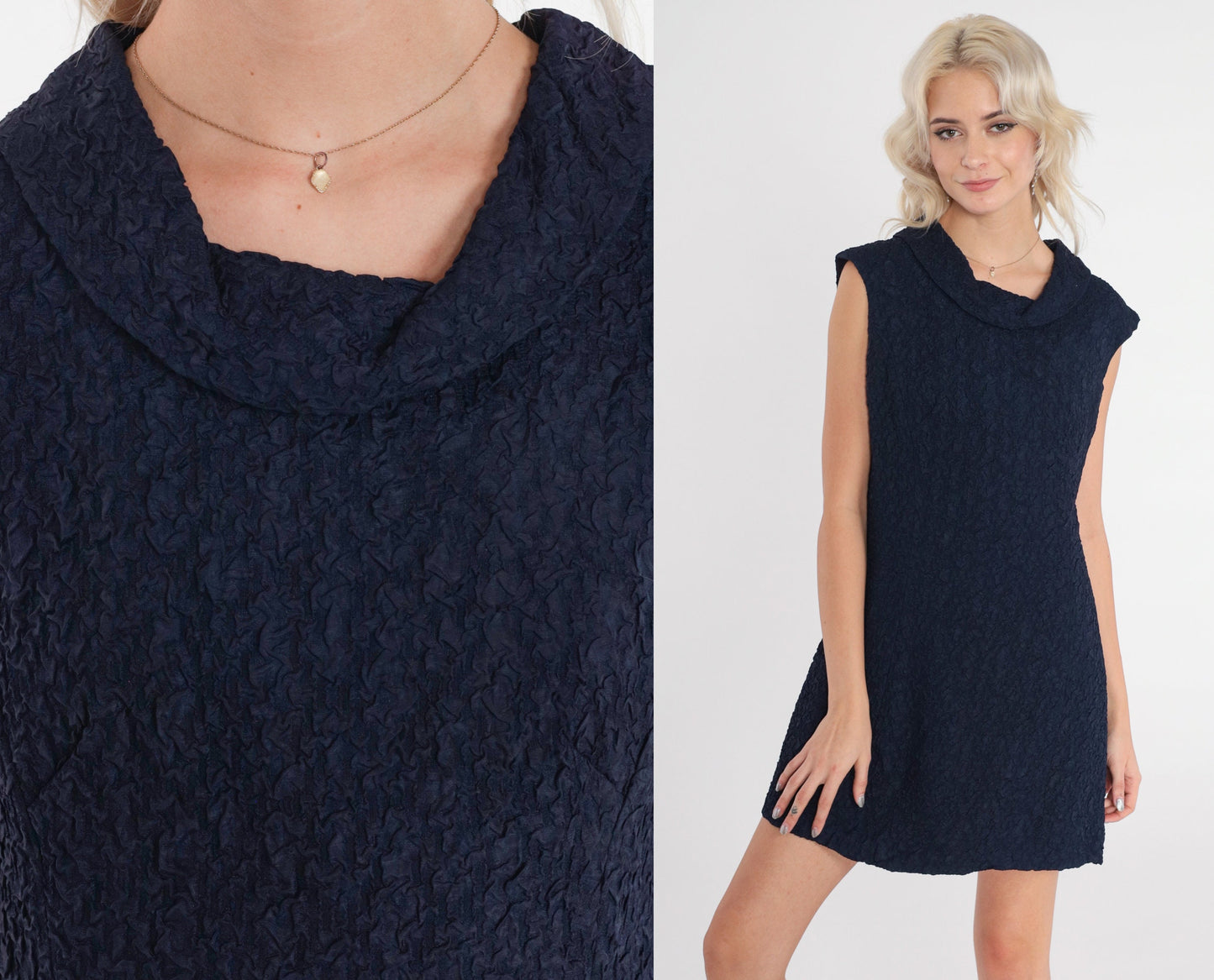 60s Navy Crinkle Shift Dress Sleeveless Cowl Neck Mini Small S