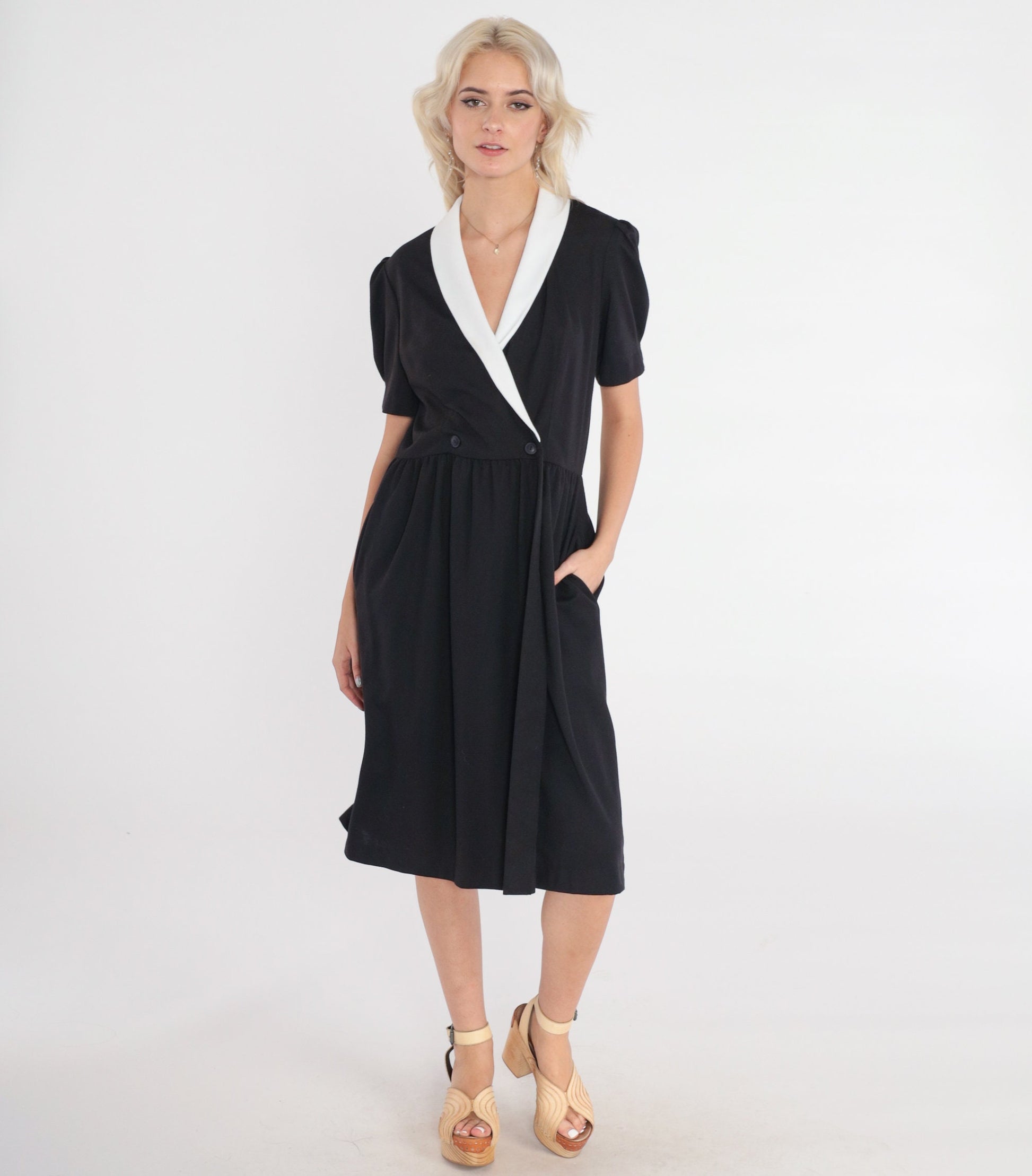 80s Black and White Collared Midi Wrap Dress Puff Sleeve High Waist Medium