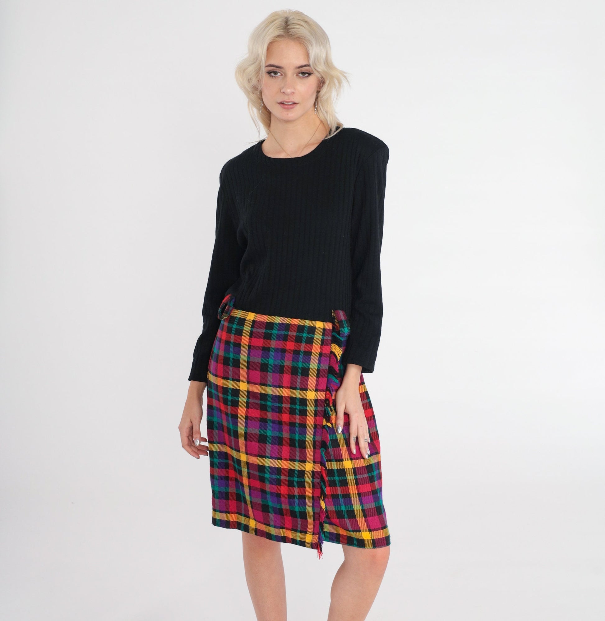 70s Black Plaid Wool Blend Midi Dress Long Sleeve High Waist Medium