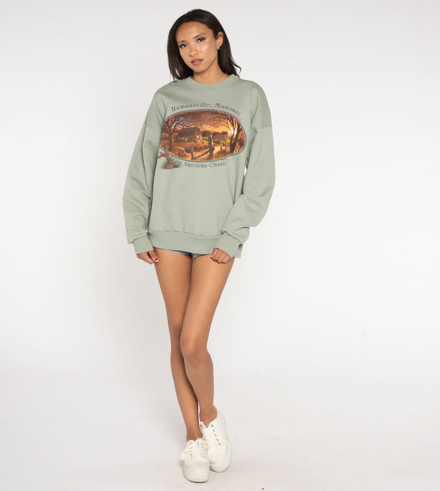 90s Humansville Missouri Farm Graphic Sweatshirt Moss Green Crewneck Extra Large XXL