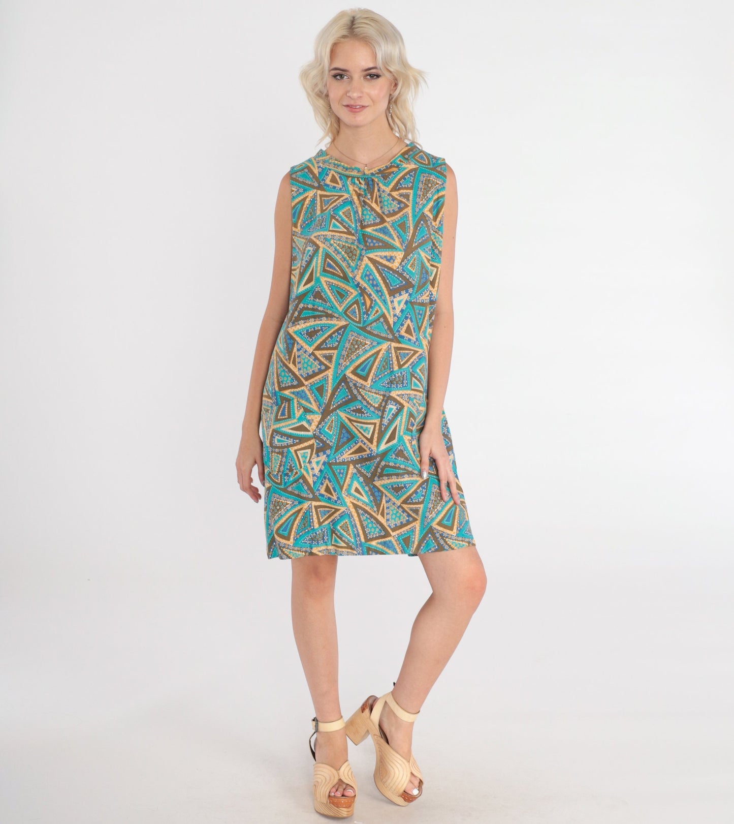60s Mod Mini Shift Dress Abstract Floral Print Sleeveless Blue Medium M