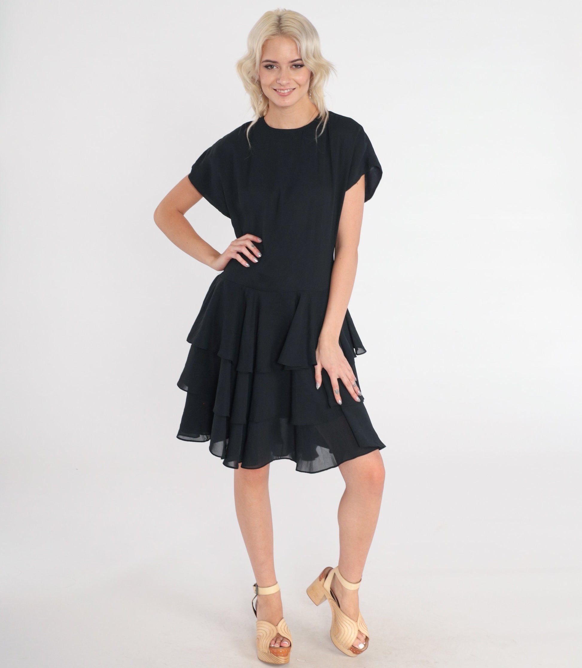 80s Jodi of California Black Mini Dress Ruffled Tiered Skirt Short Sleeve Small