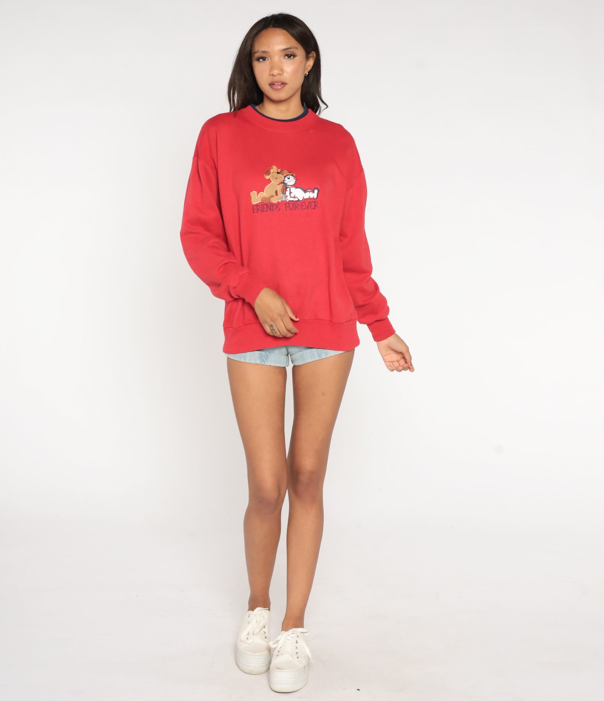 90s Cat Dog Friends Fur-ever Sweatshirt Red Graphic Crewneck Medium