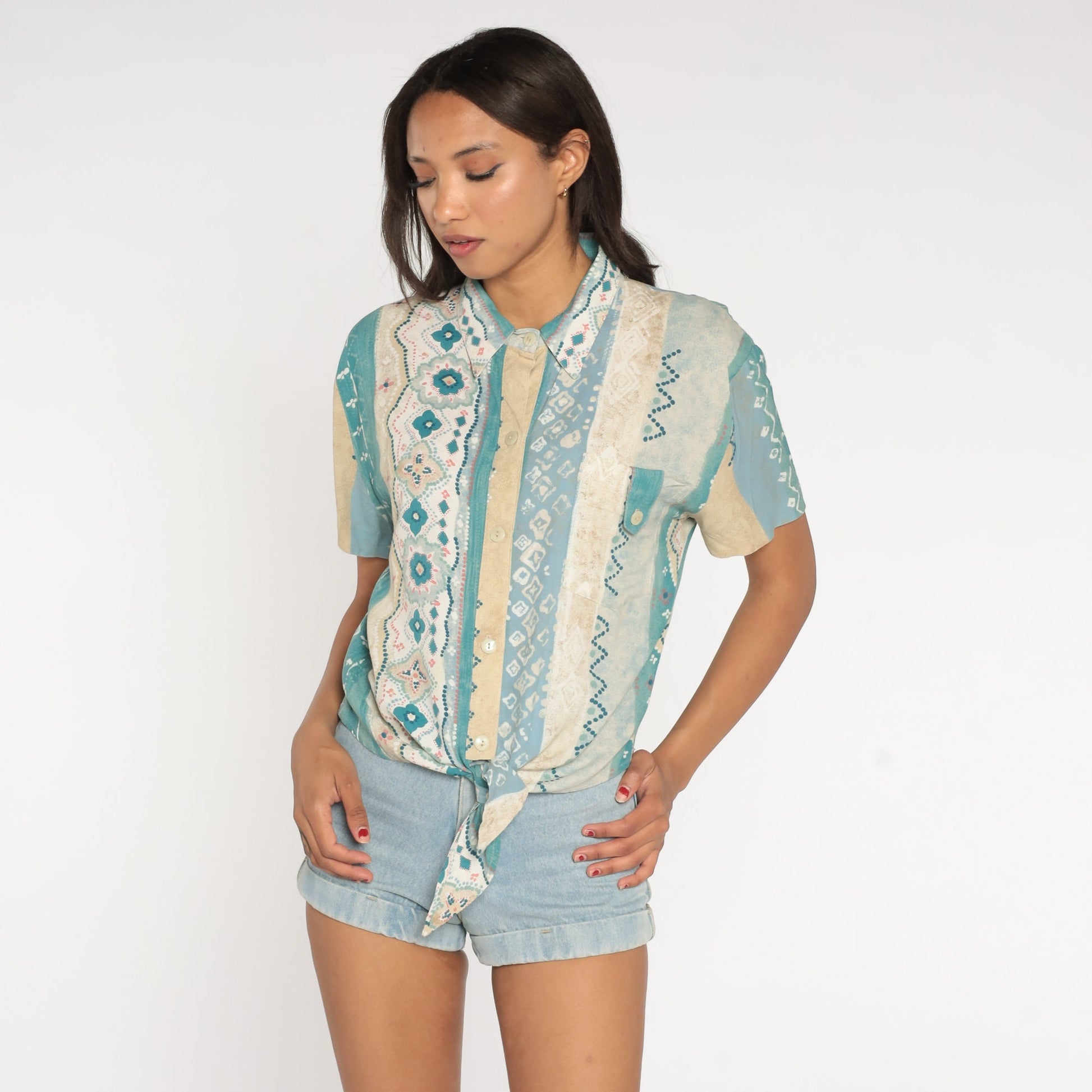 80s Geometric Striped Rayon Blouse Tie Waist Button Up Blue Green Medium
