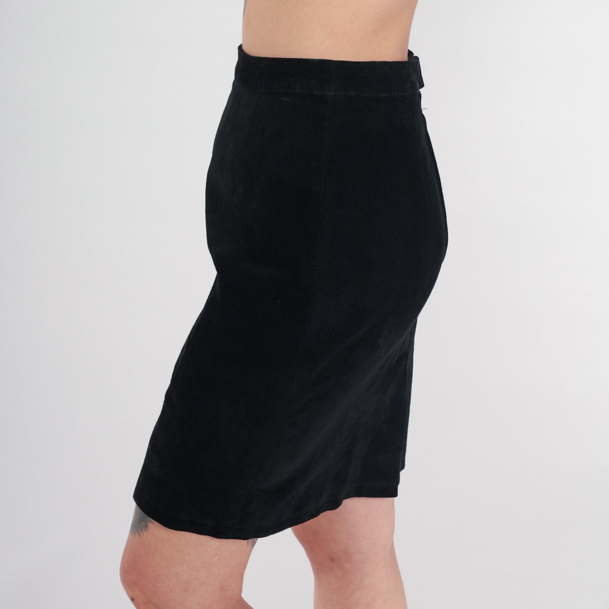 90s Black Suede Pencil Skirt Midi High Waist Rear Zip Medium