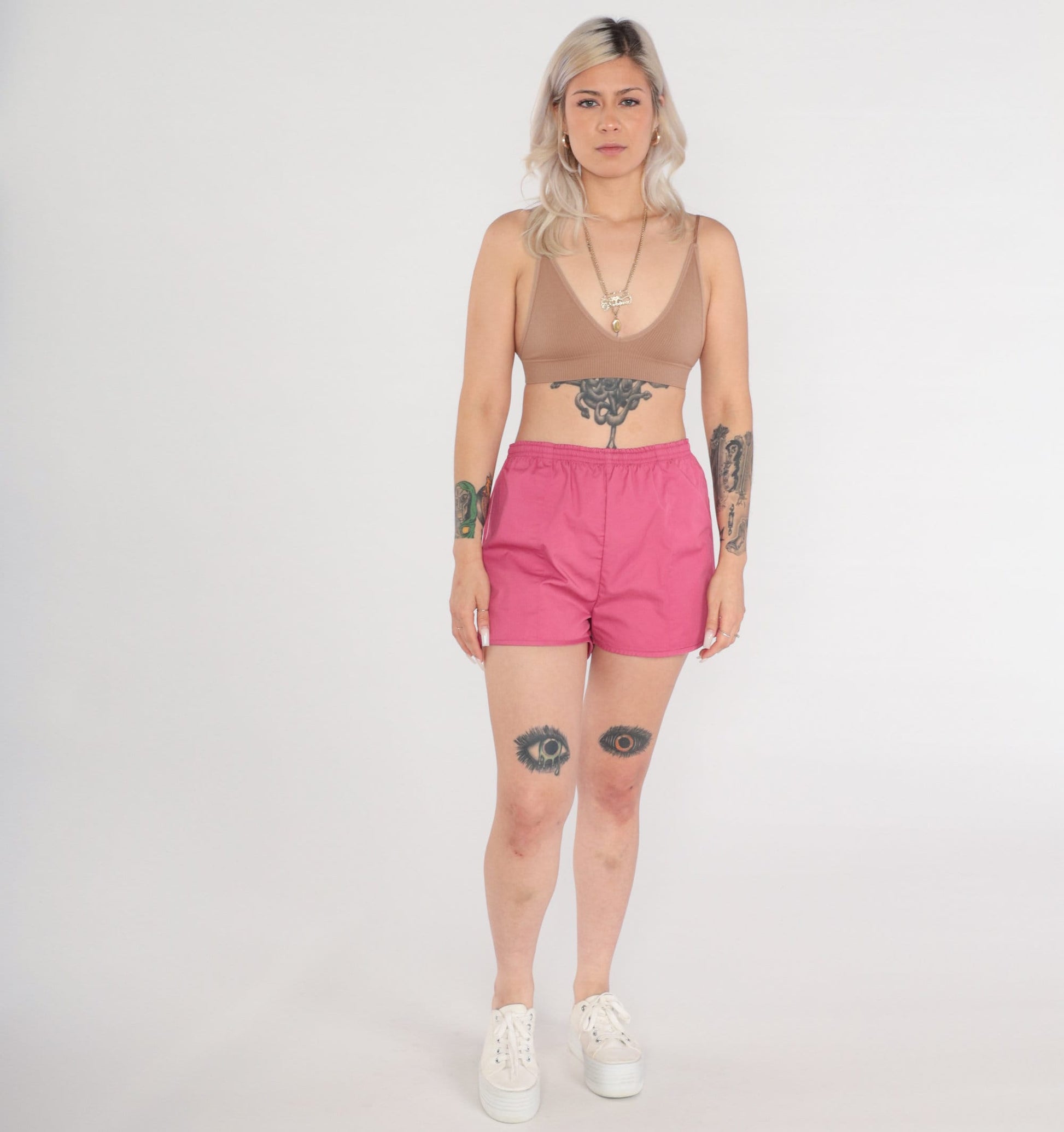 80s Pink Swim Trunks White Piping Elastic Waist Shorts Medium