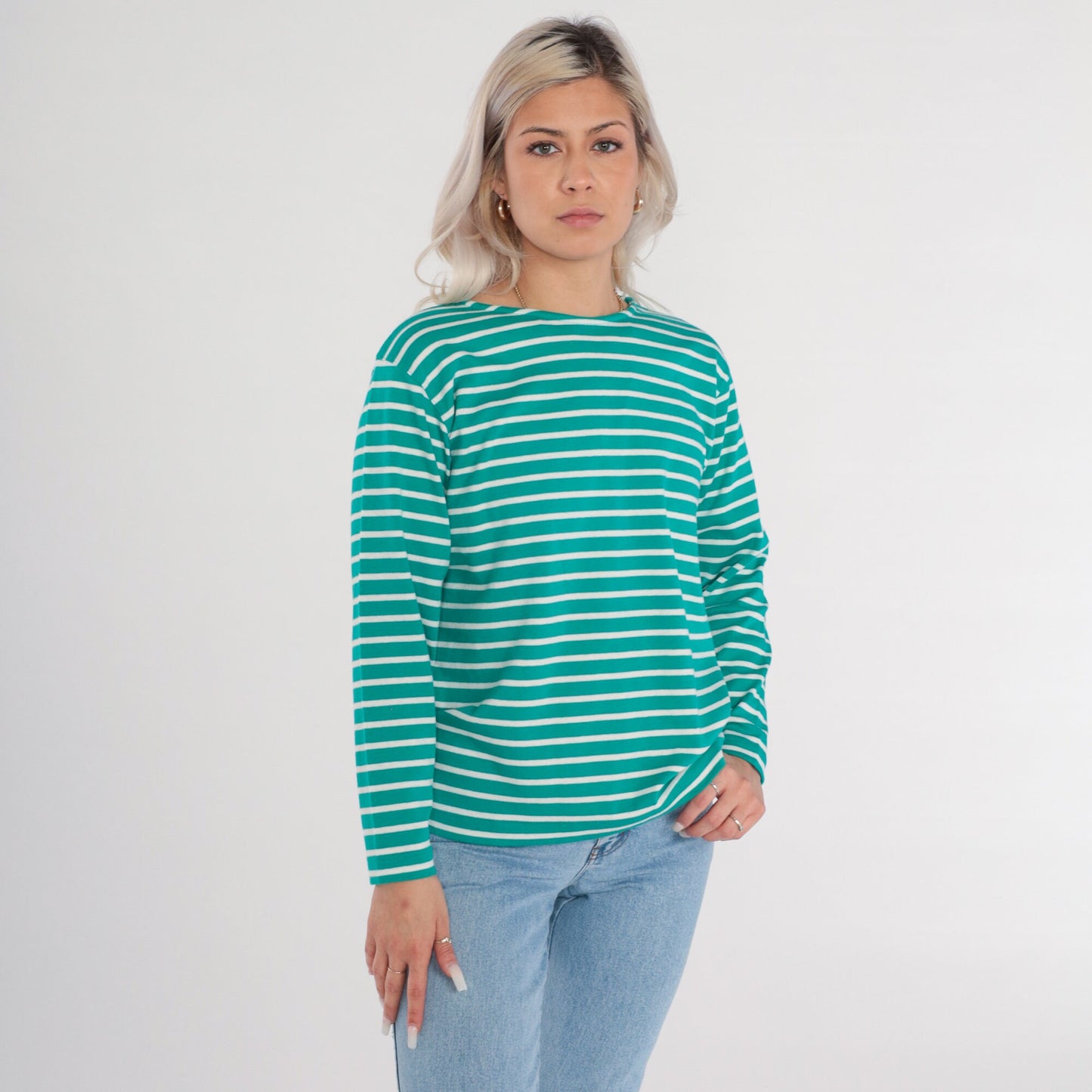 90s Green & White Striped Long Sleeve T-Shirt Cotton Tee Medium