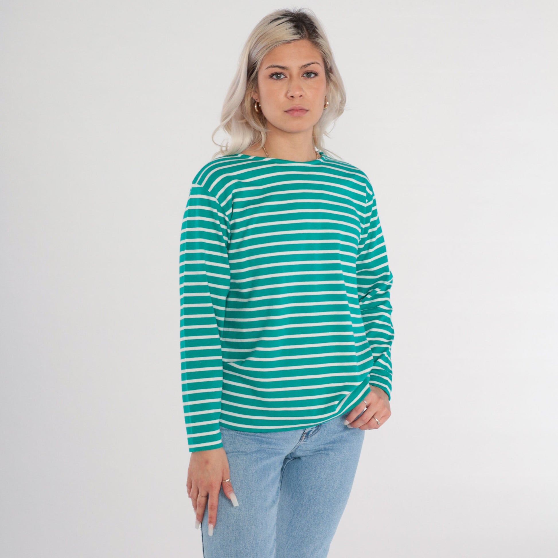 90s Green & White Striped Long Sleeve T-Shirt Cotton Tee Medium