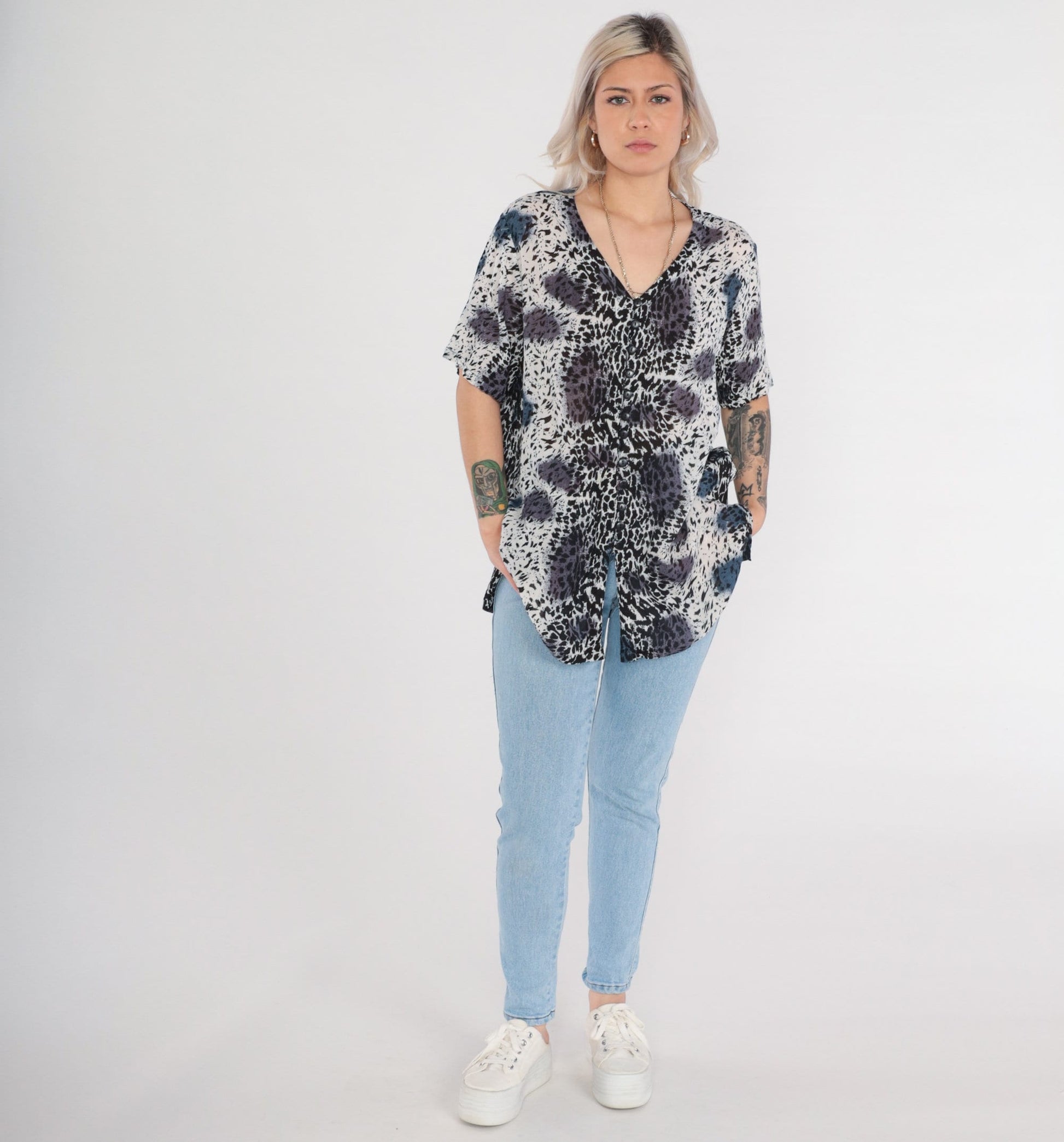 90s Leopard Animal Print Button Up Blouse V Neck Short Sleeve Plus Size XXL