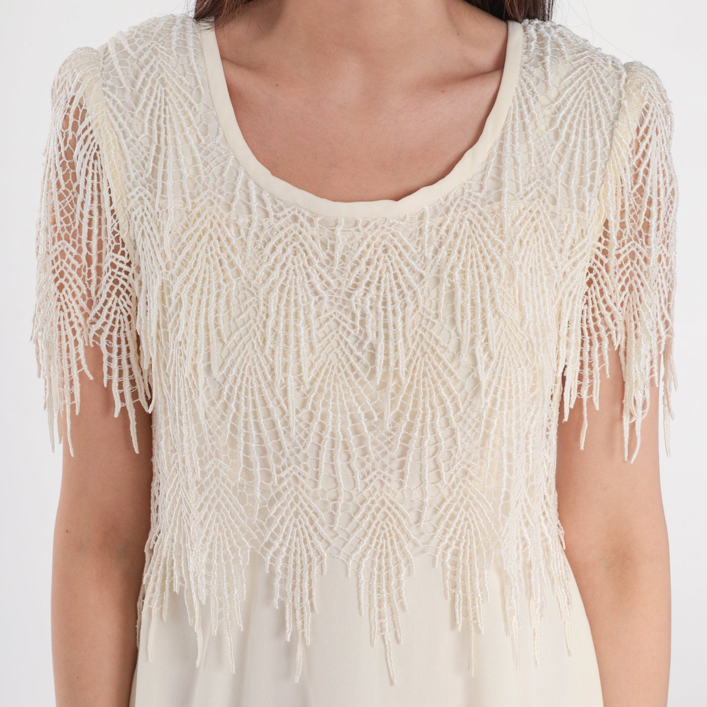 90s Cream Mini Dress Crochet Fringe Capelet Short Sleeve Small
