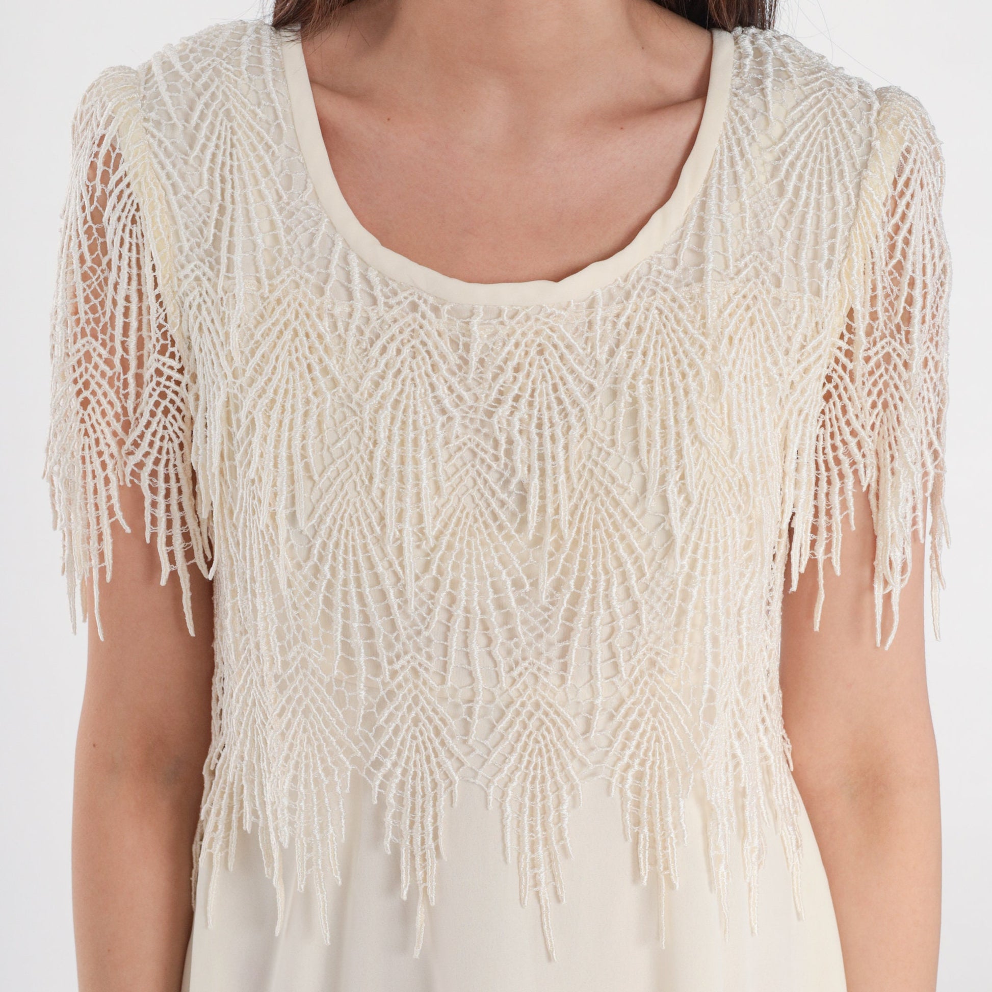 90s Cream Mini Dress Crochet Fringe Capelet Short Sleeve Small