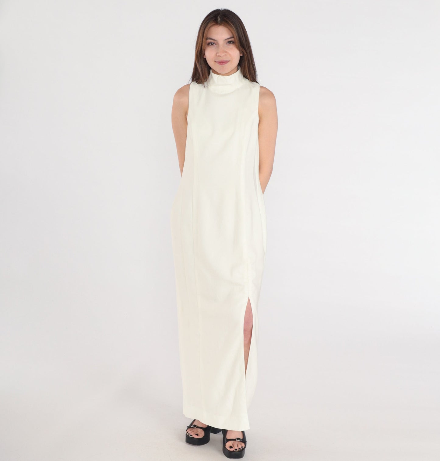 80s Cream Maxi Dress Sleeveless Mock Neck High Slit Evening Gown Small