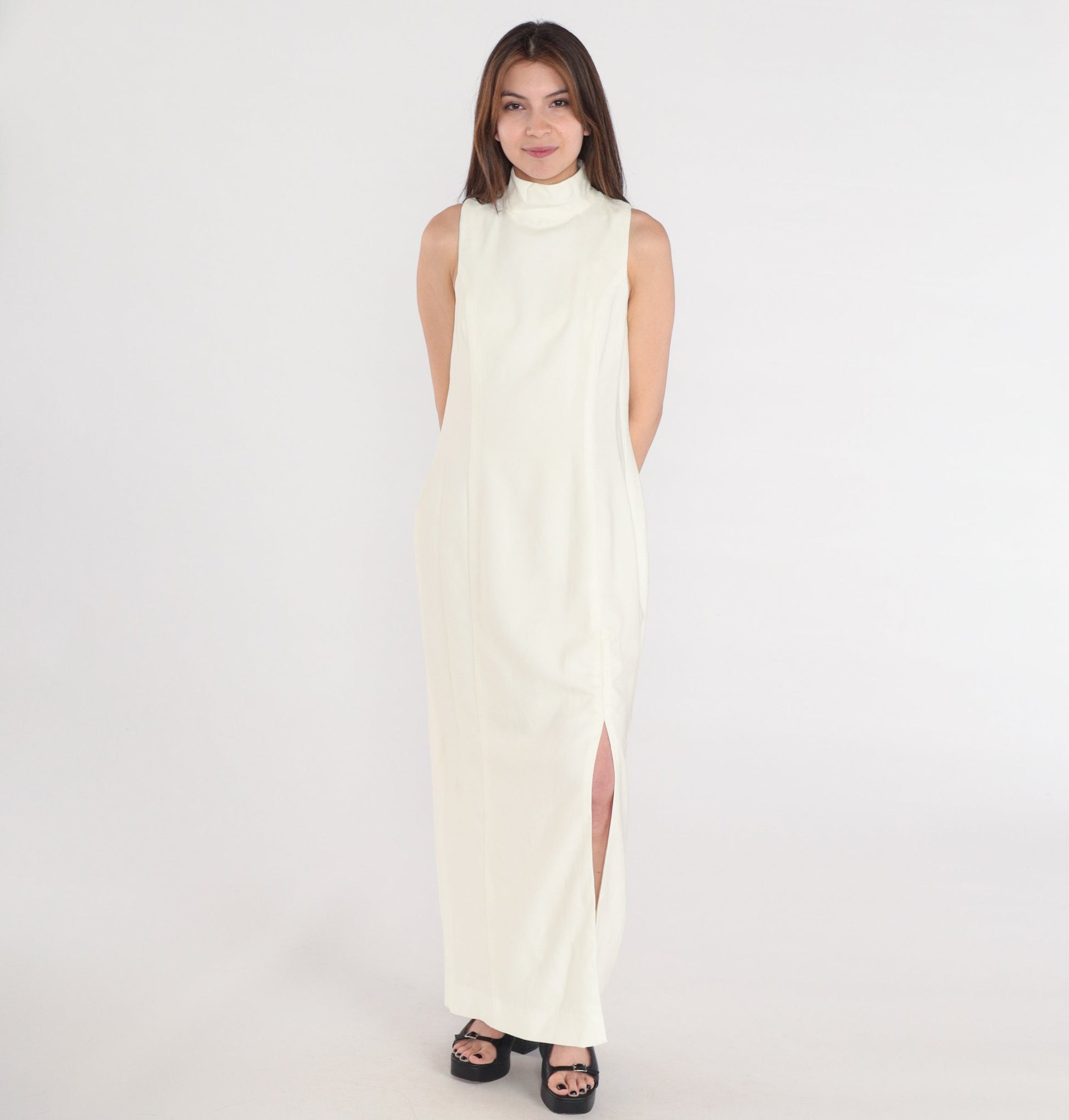 80s Cream Maxi Dress Sleeveless Mock Neck High Slit Evening Gown Small