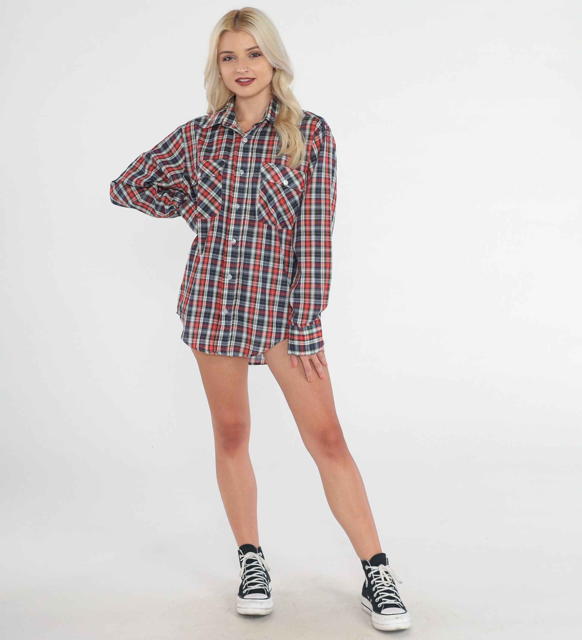 80s Montgomery Ward Plaid Button Up Shirt Red White Blue Checkered Medium