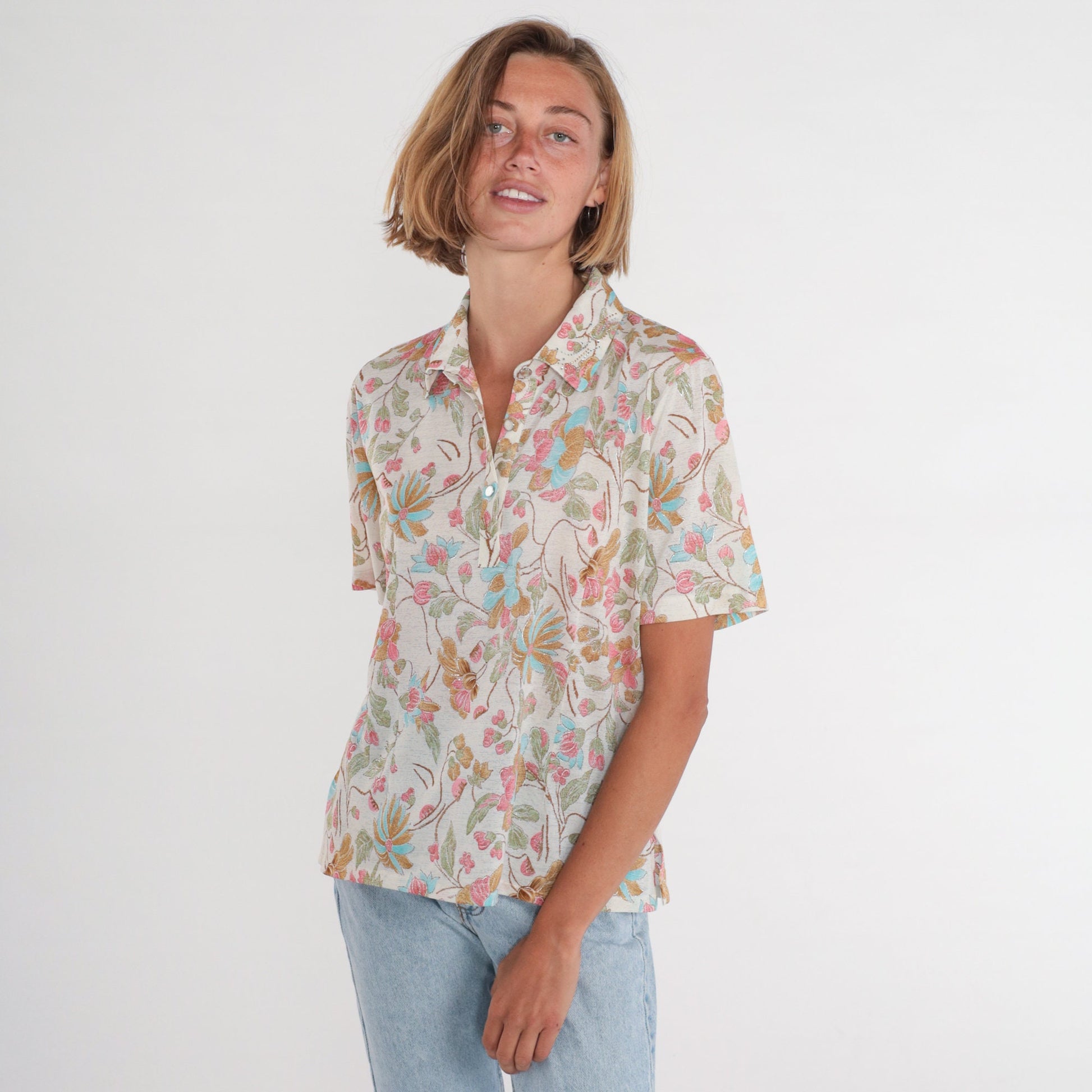 Y2K White Floral Blouse Rhinestone Metallic Trim Button-Up Short Sleeve Medium M