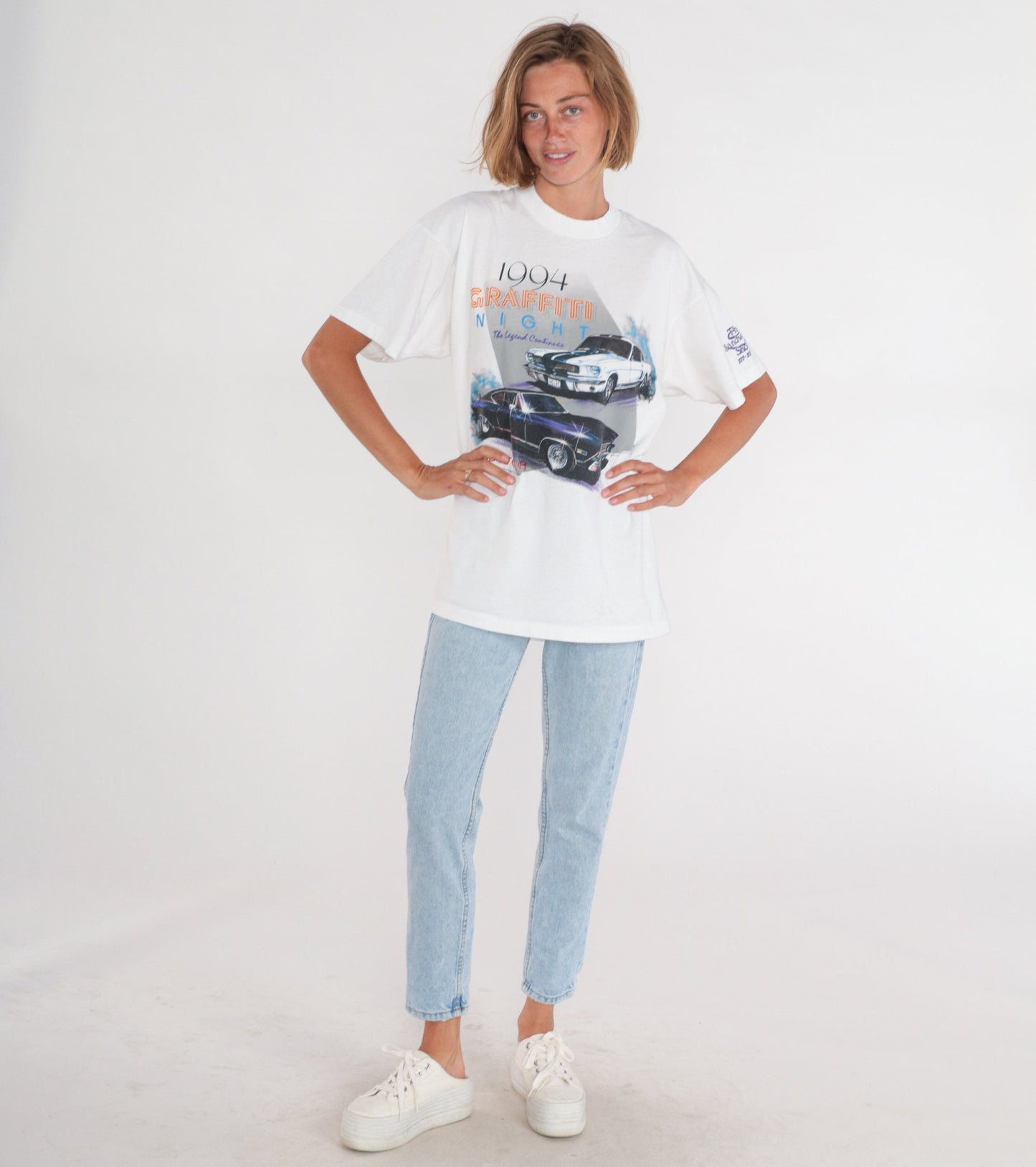 90s Graffiti Night Hot Rod Graphic T-Shirt White Cotton Single Stitch Extra Large XL