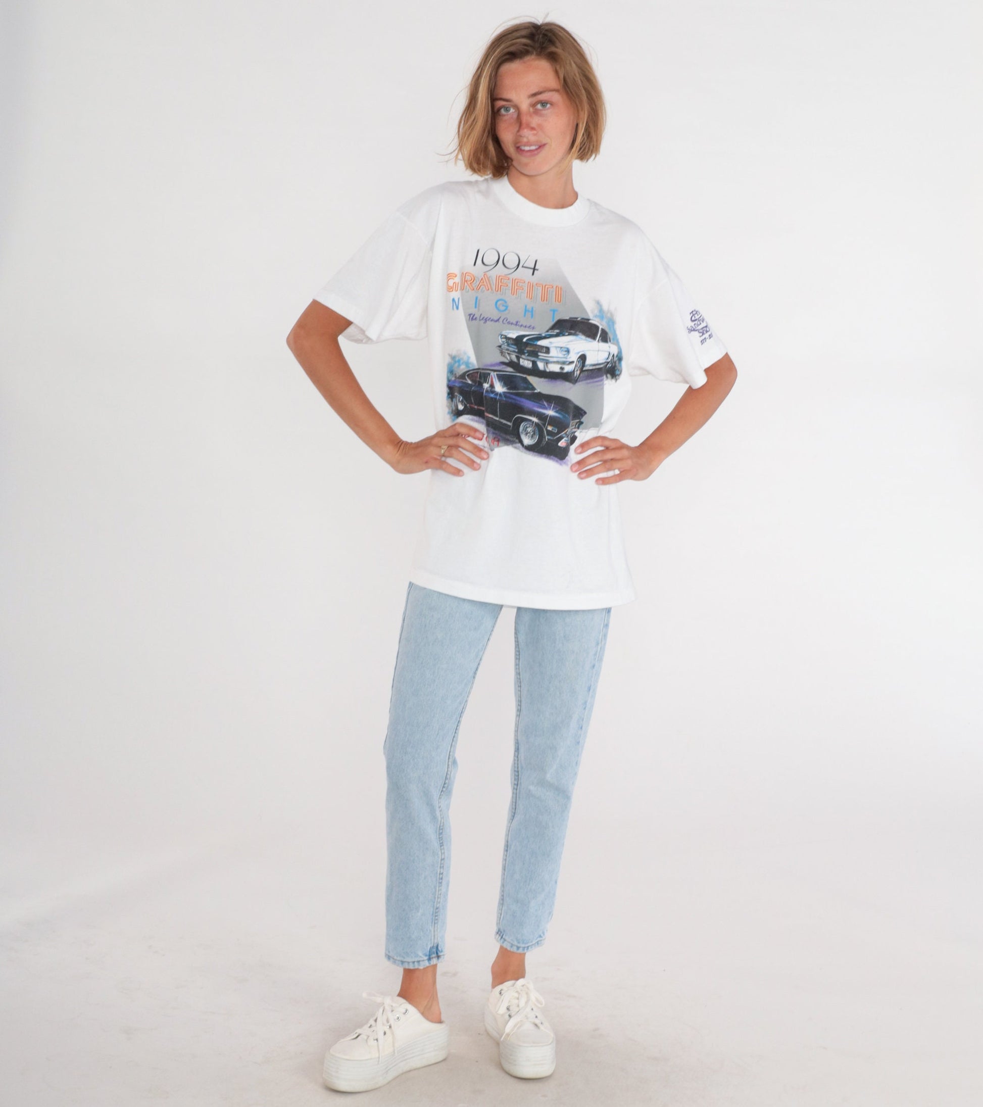 90s Graffiti Night Hot Rod Graphic T-Shirt White Cotton Single Stitch Extra Large XL