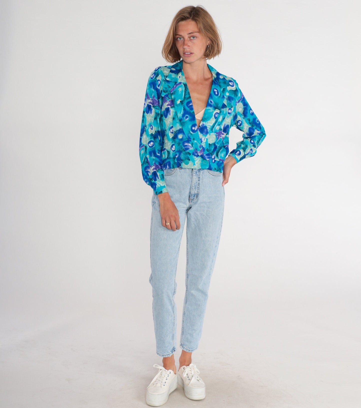 90s P.S Sport Abstract Blue Cropped Blazer Double Breasted Small