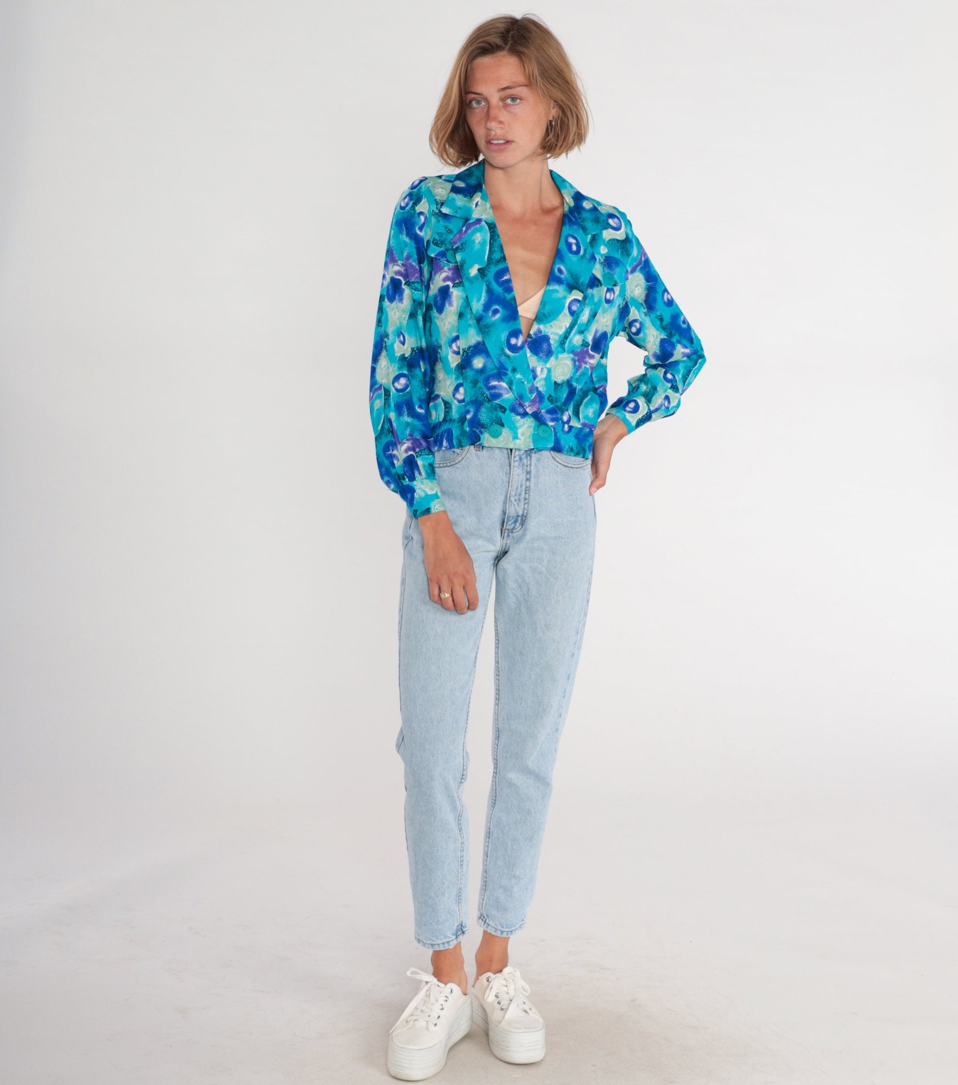 90s P.S Sport Abstract Blue Cropped Blazer Double Breasted Small