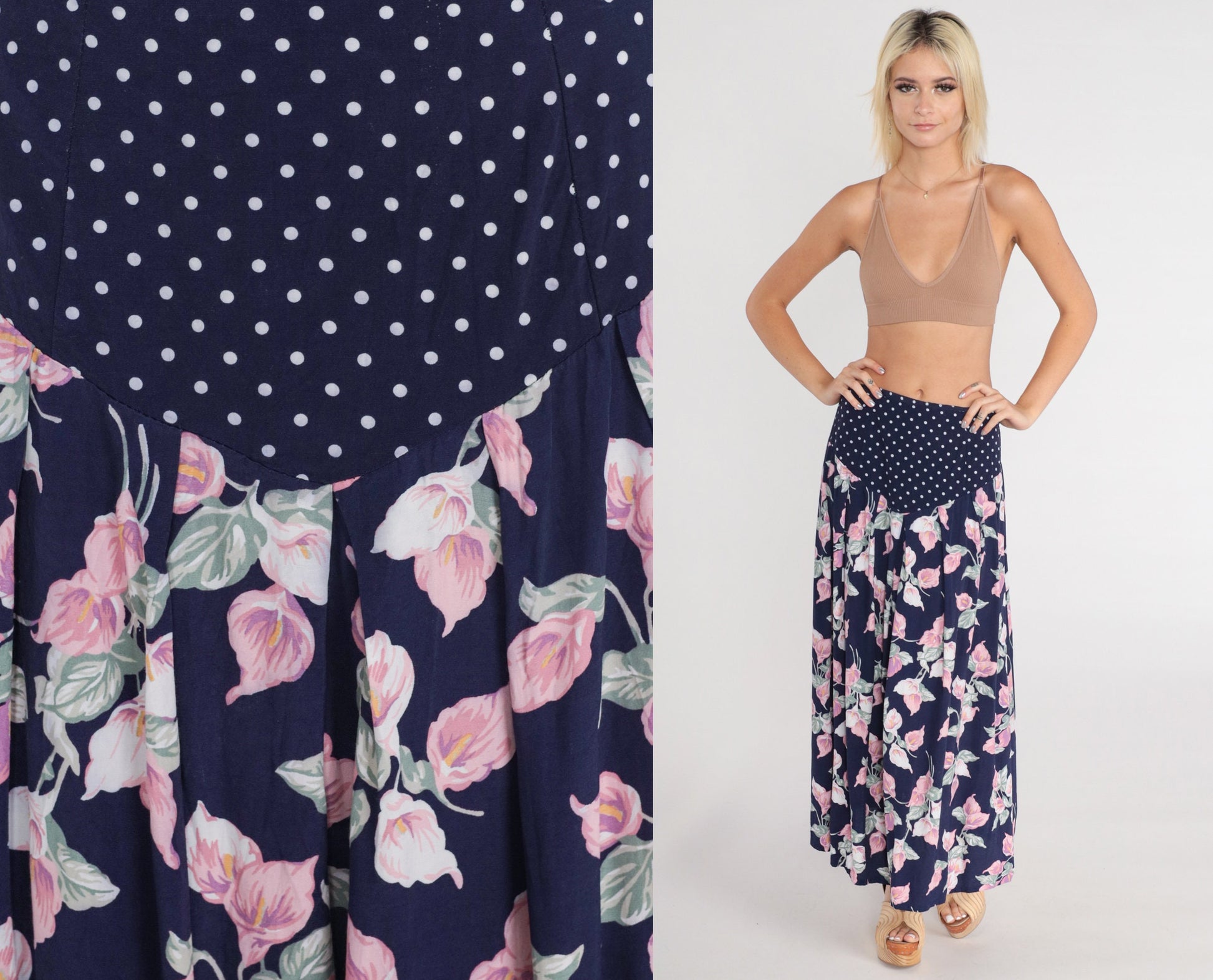 80s Navy Polka Dot Floral Maxi Skirt High Waist Basque Pleated Medium M
