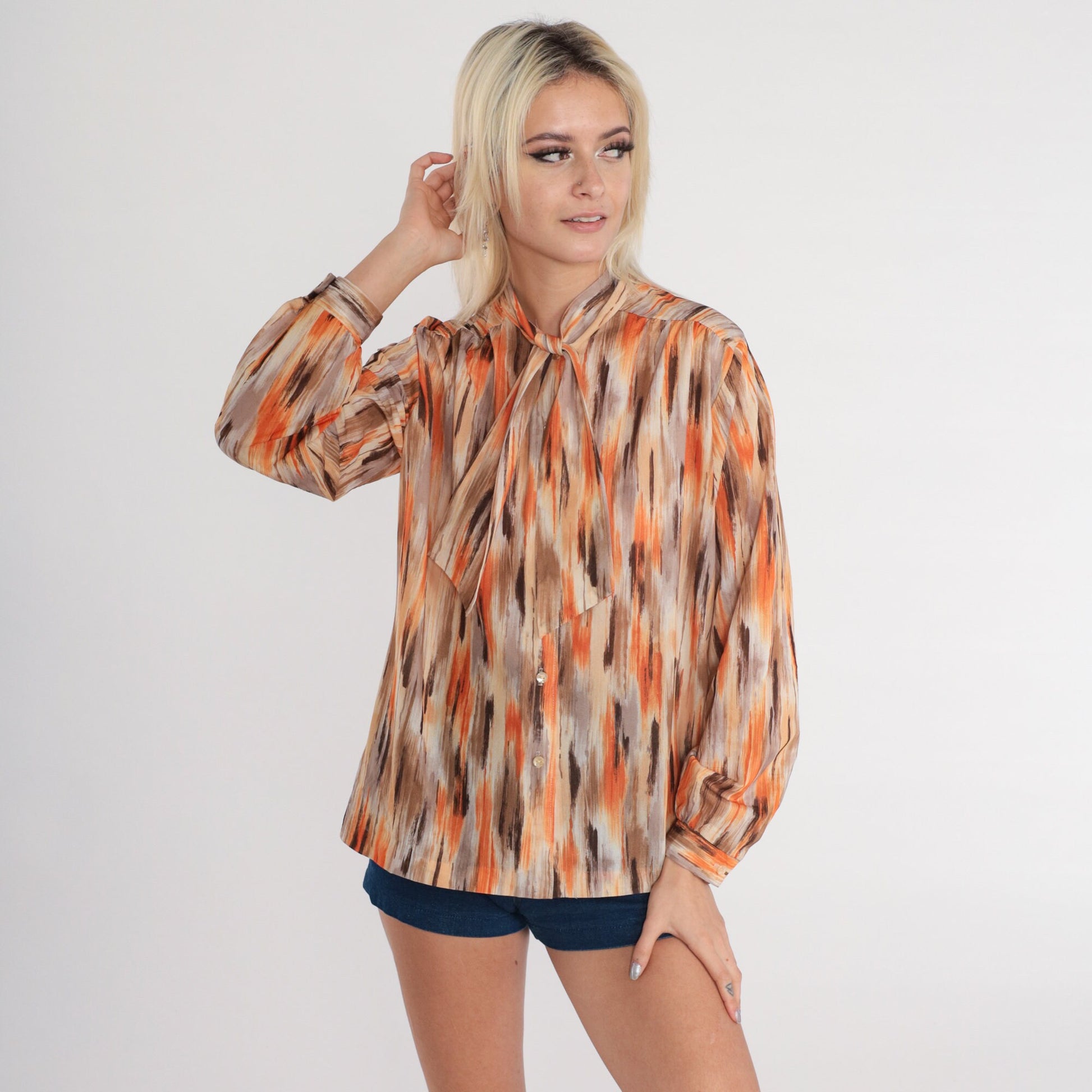 70s Ascot Blouse Brushstroke Print Button-Up Long Sleeve Orange Brown Medium