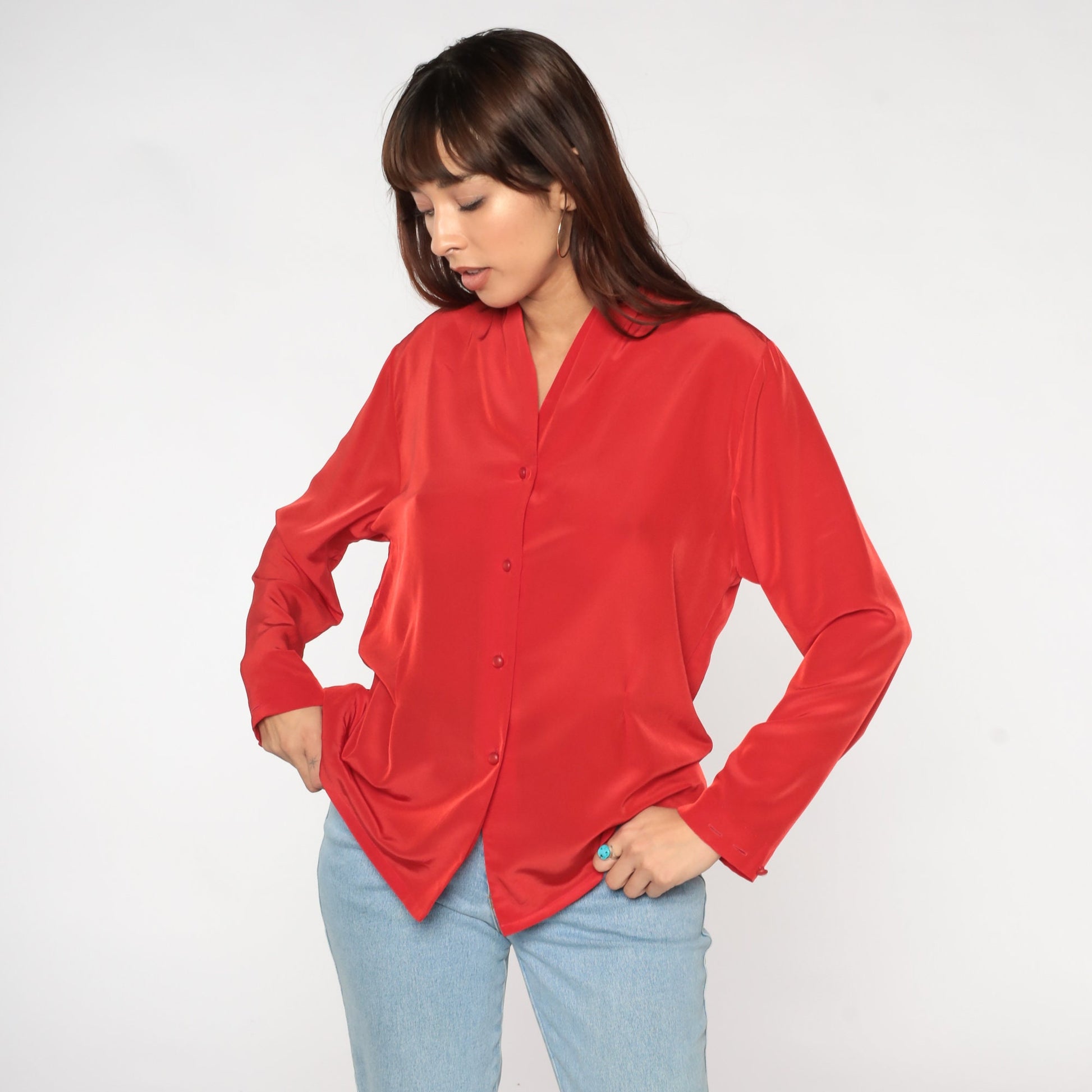 80s Pendleton Red Button-Up Blouse V-Neck Long Sleeve Medium M