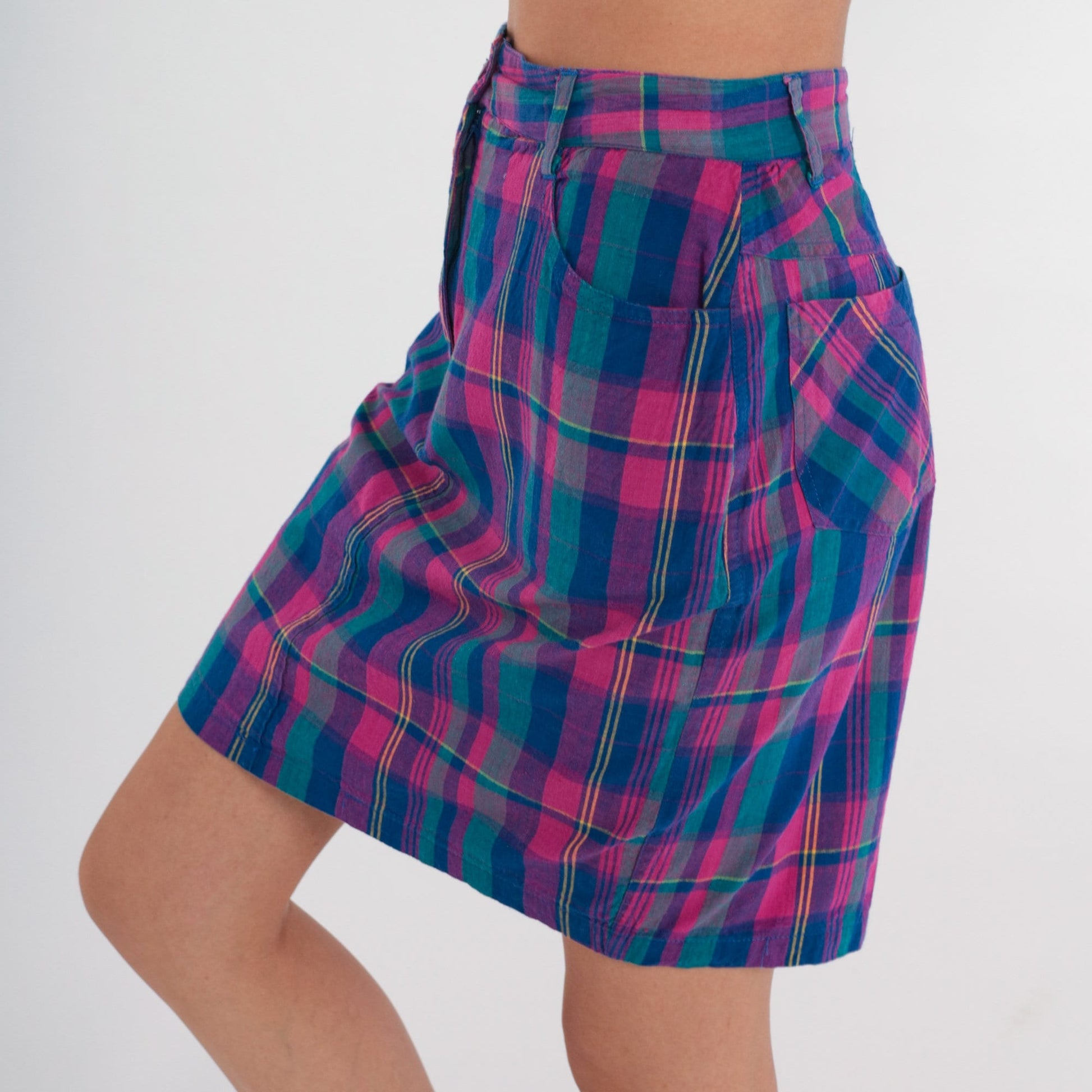 90s Plaid Mini Skirt High Waisted Pencil Checkered Pink Blue Cotton Small