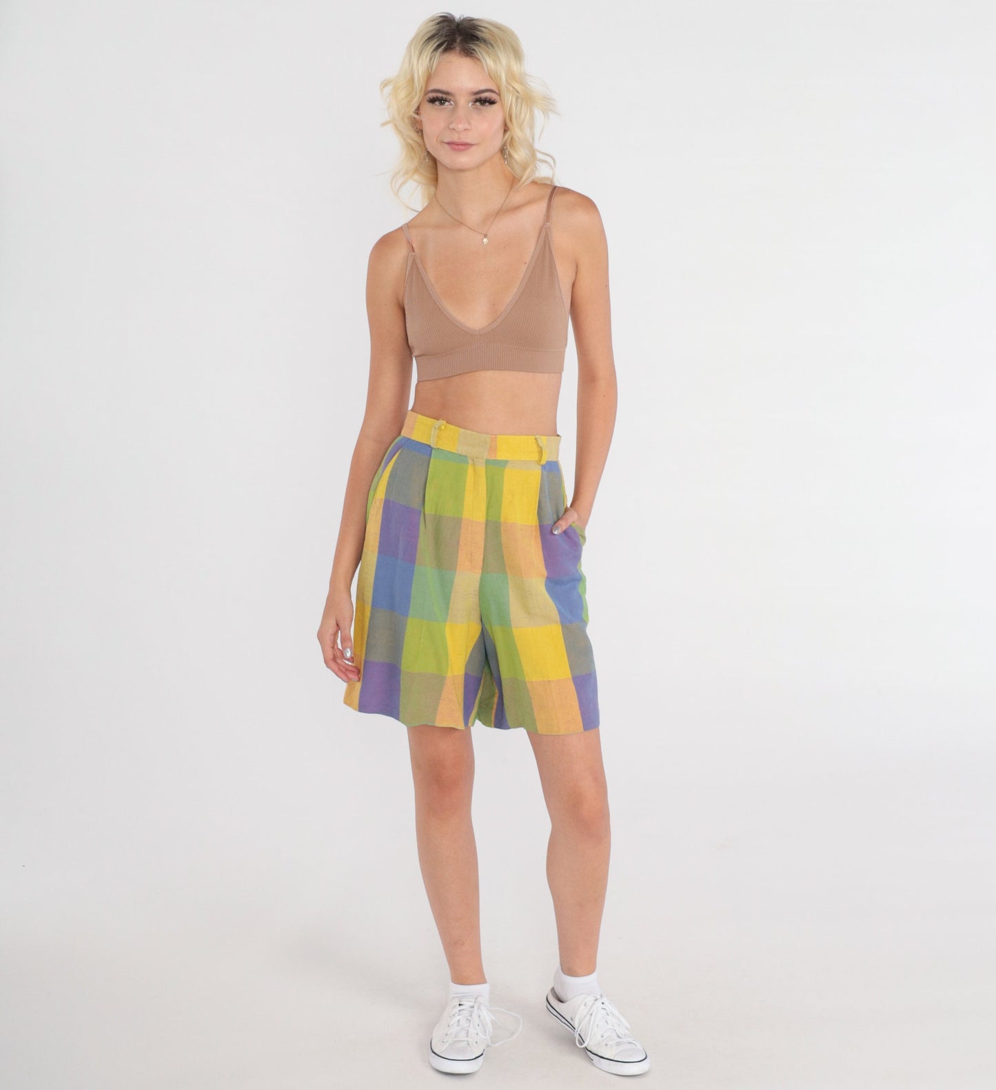 90s Plaid High-Waisted Shorts Yellow Purple Pleated Trouser Extra Small