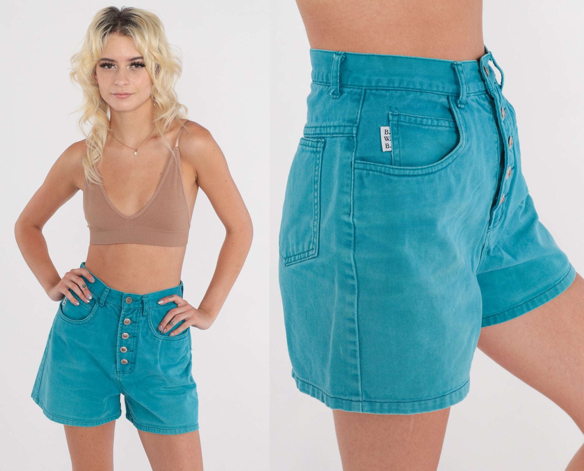 90s Turquoise Denim Shorts High Rise Button Fly Cotton Extra Small
