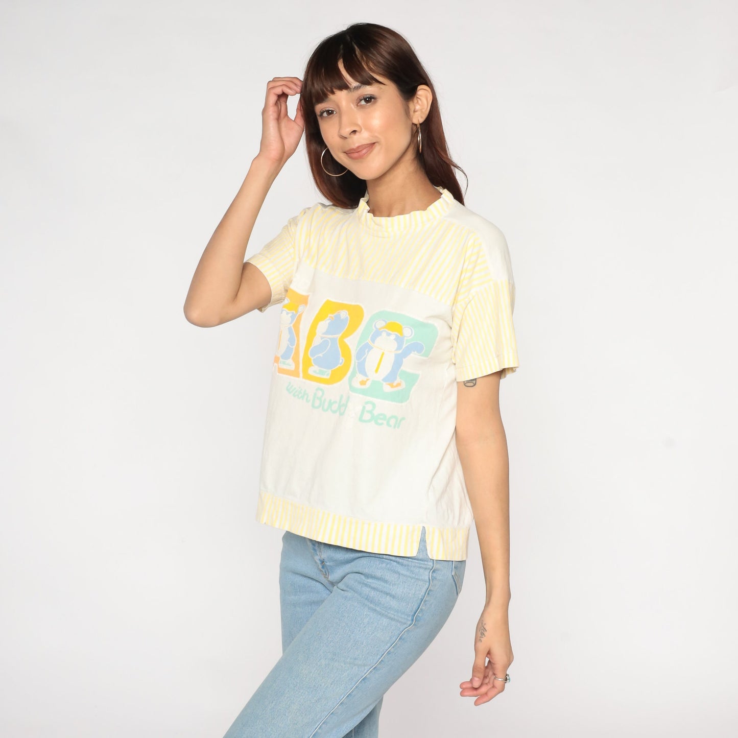 90s Buddy Bear ABC Striped Mockneck Tee Yellow White Graphic Medium M