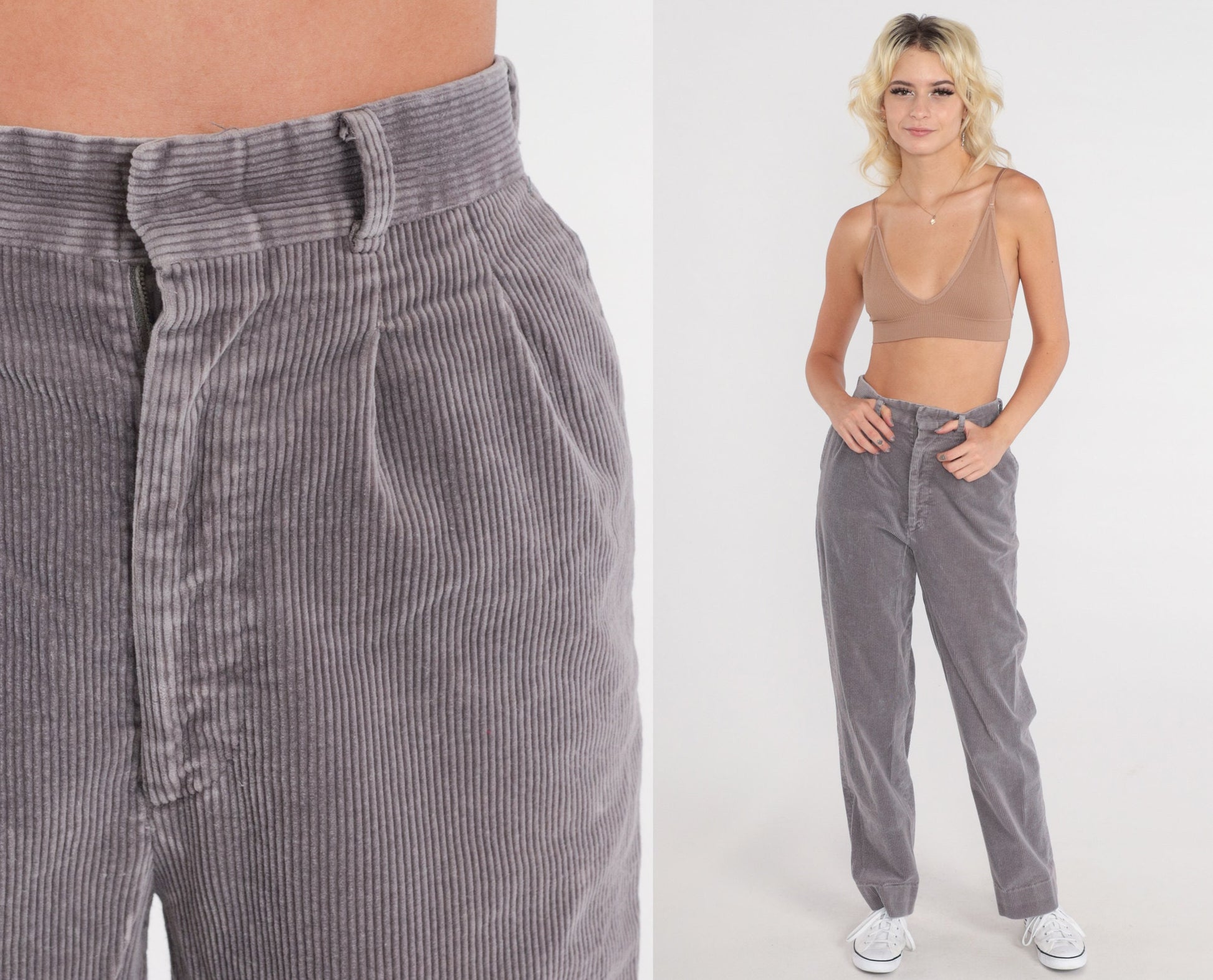 80s Grey Corduroy High-Waist Pleated Straight-Leg Trousers Extra Small