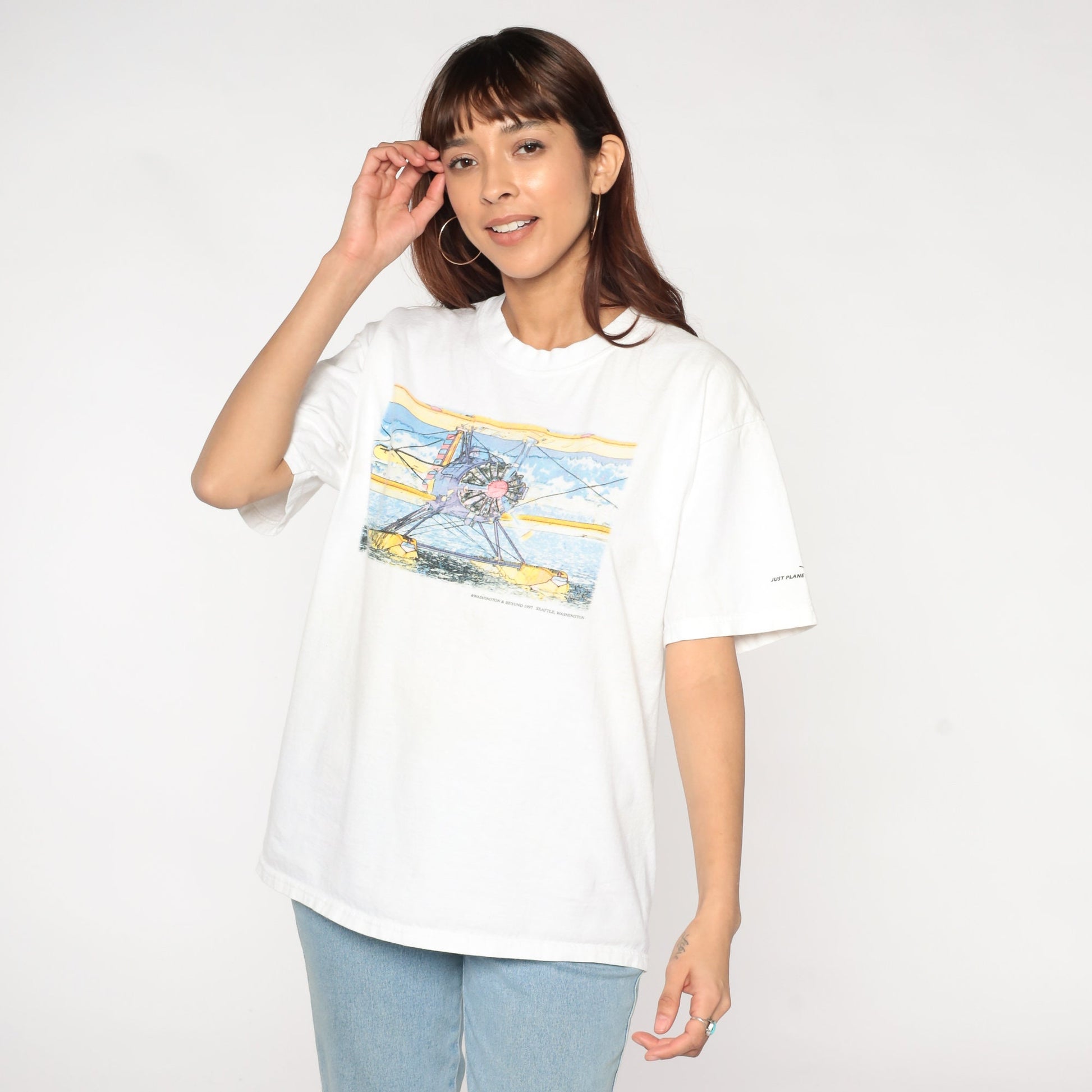 1990s Seaplane Graphic T-Shirt Washington and Beyond Aviation Tee White Large