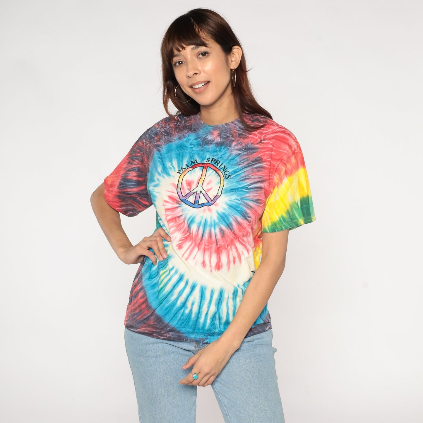 Y2K Palm Springs Tie Dye T-Shirt Peace Sign Graphic Cotton Tee Medium M